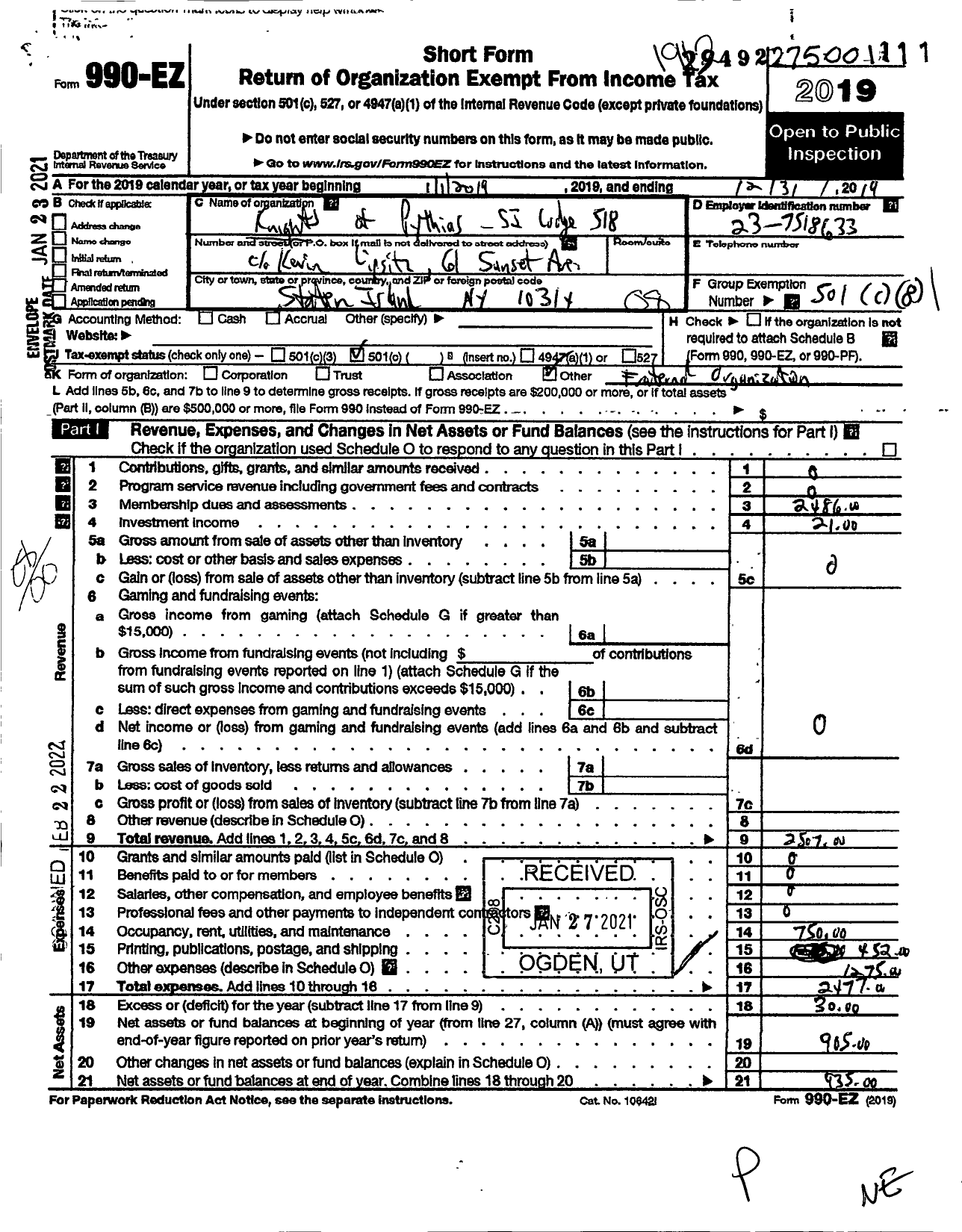 Image of first page of 2019 Form 990EO for Knights of Pythias New York Grand Lodge - 518 Staten Island