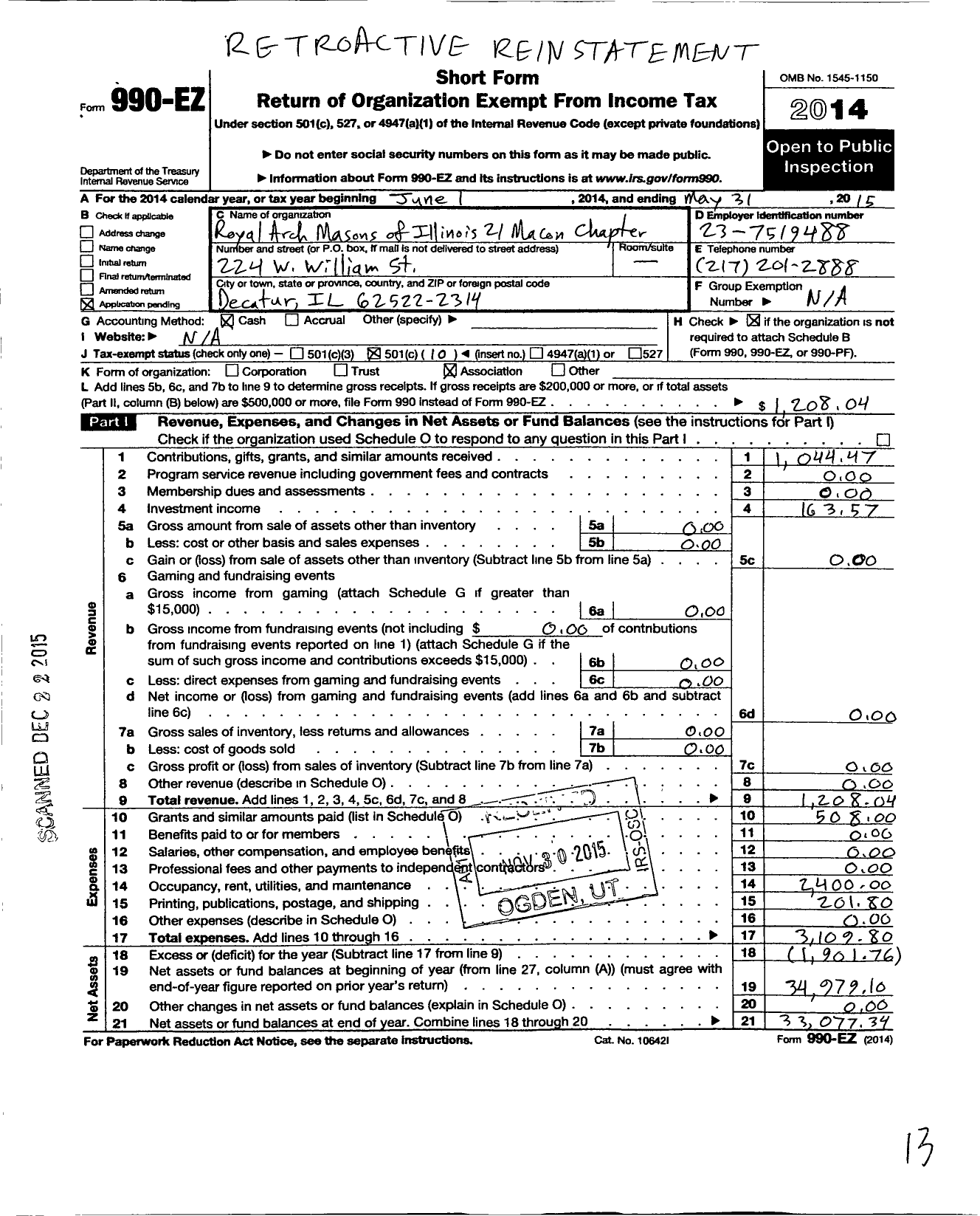 Image of first page of 2014 Form 990EO for Royal Arch Masons of Illinois / 21 Macon Chapter