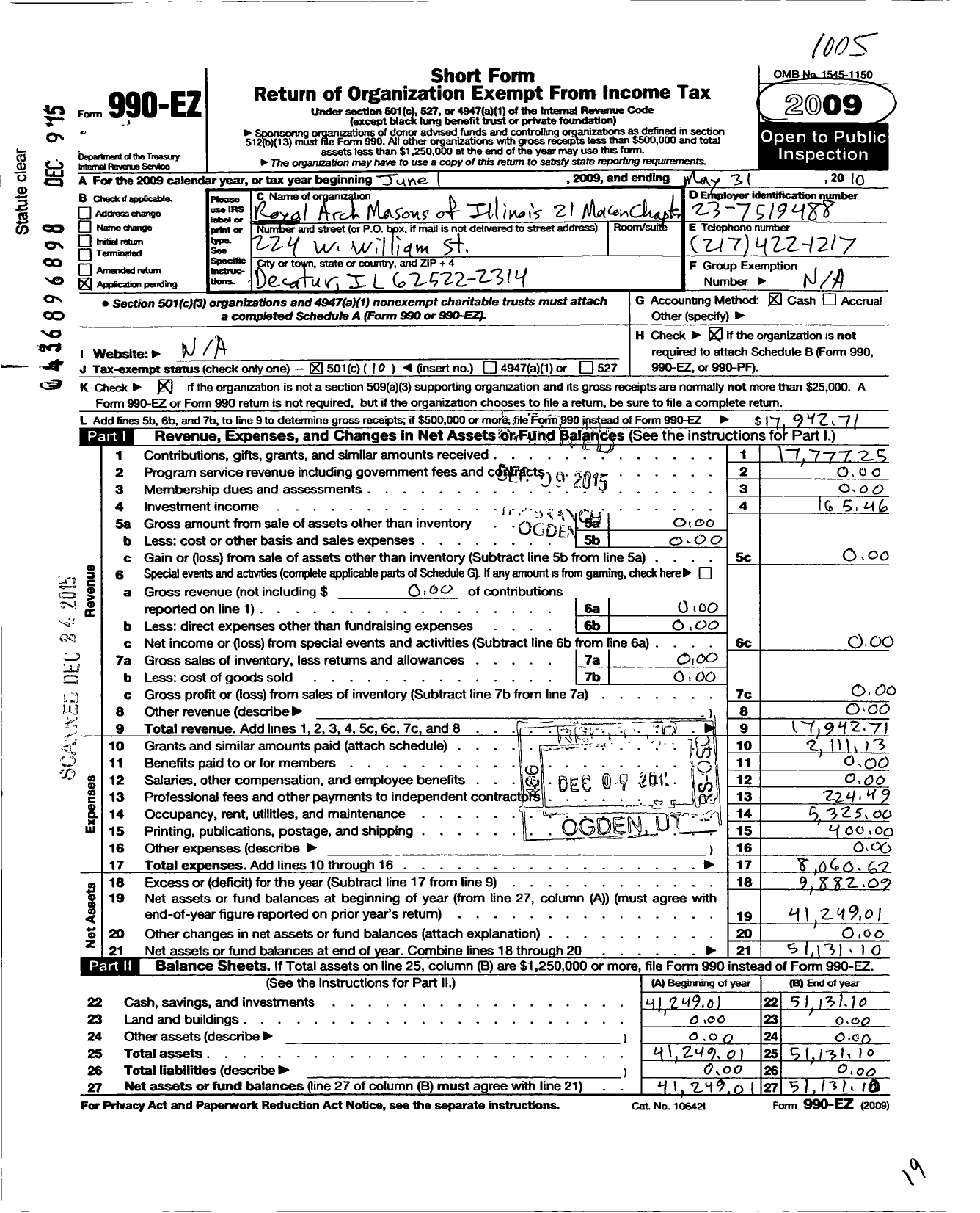 Image of first page of 2009 Form 990EO for Royal Arch Masons of Illinois / 21 Macon Chapter