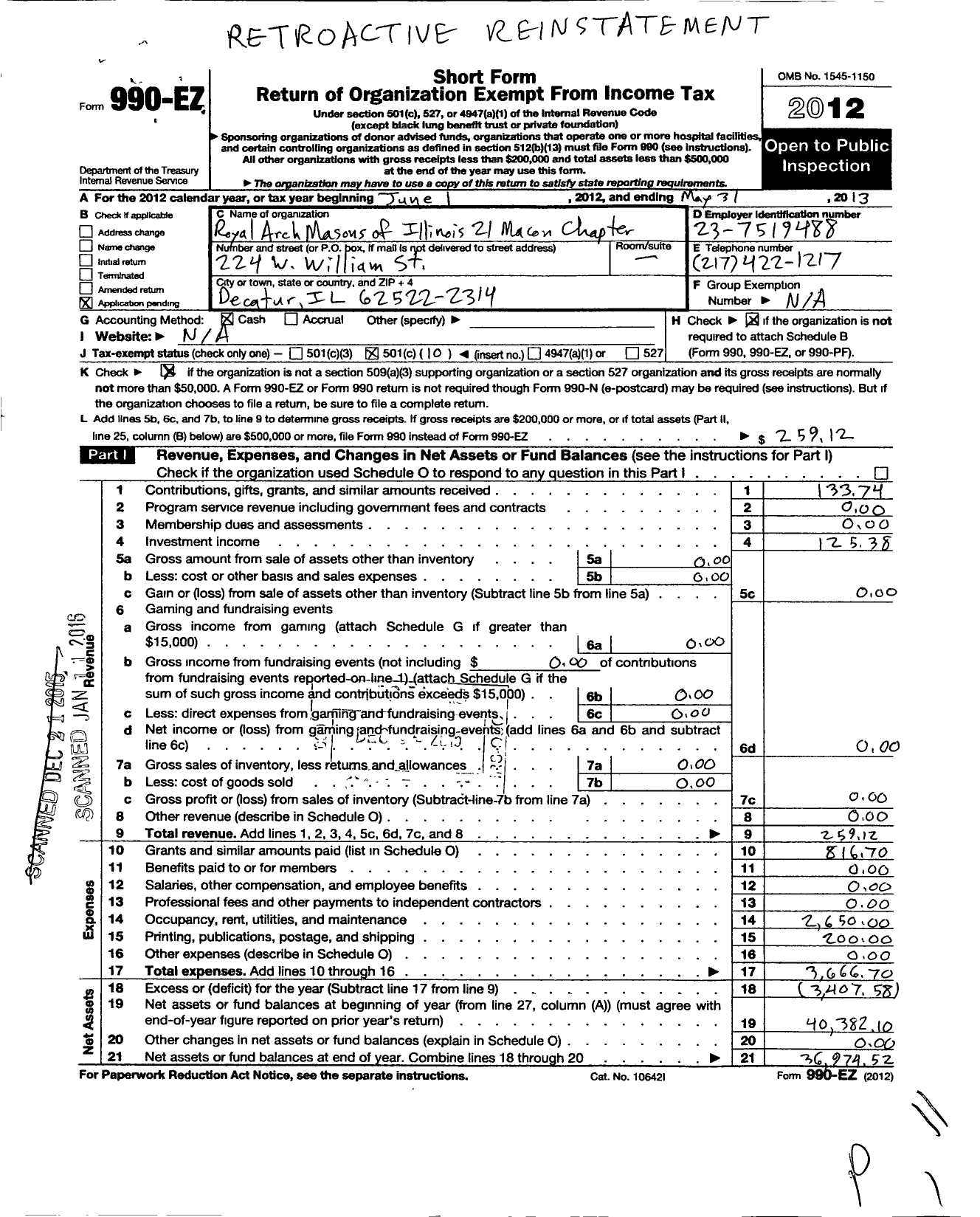 Image of first page of 2012 Form 990EO for Royal Arch Masons of Illinois / 21 Macon Chapter