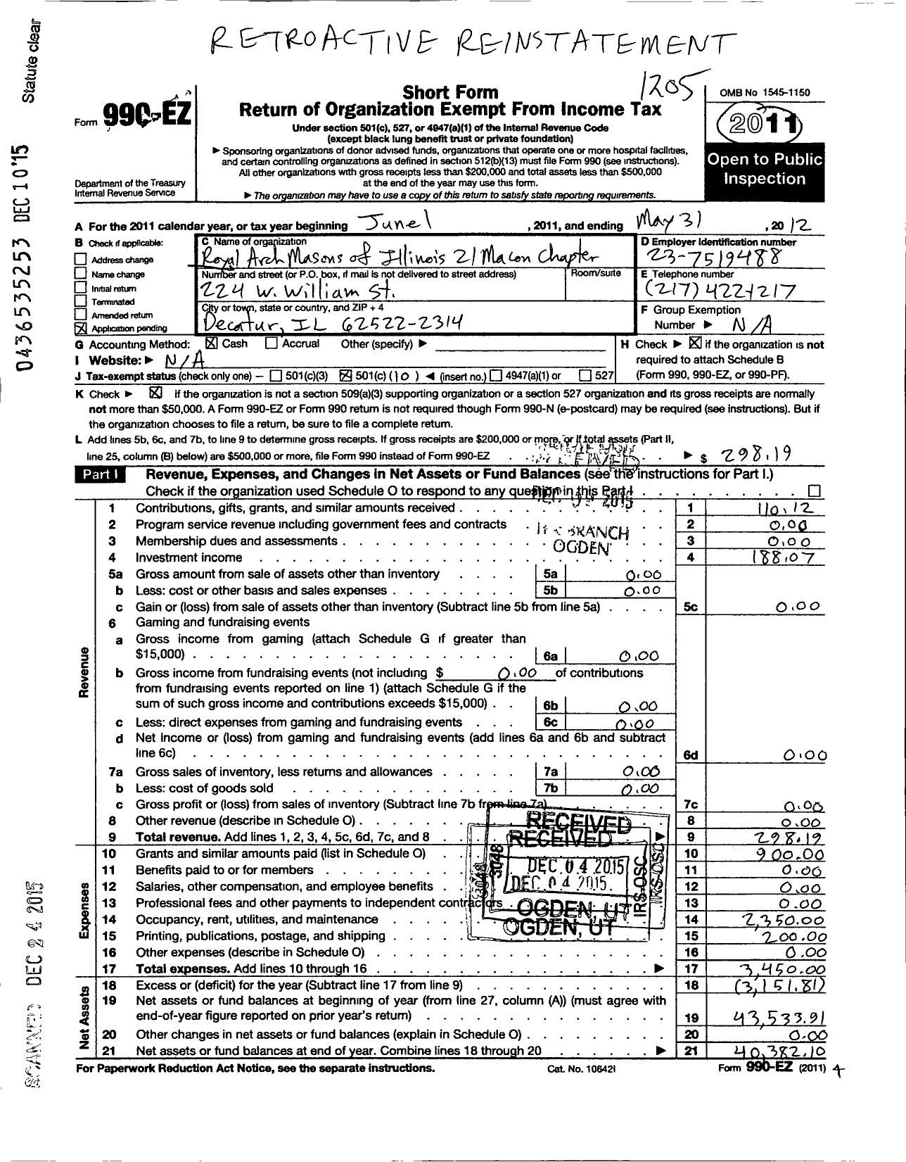 Image of first page of 2011 Form 990EO for Royal Arch Masons of Illinois / 21 Macon Chapter