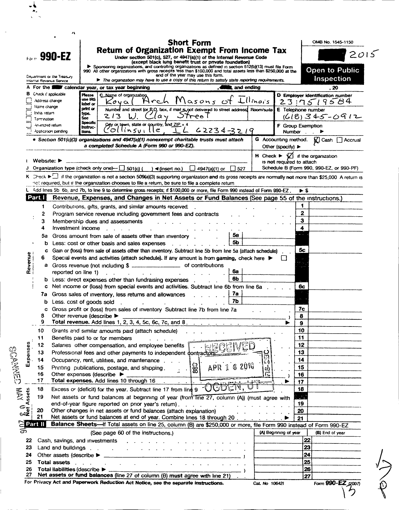 Image of first page of 2015 Form 990EO for Royal Arch Masons of Illinois - 182 Unity Chapter