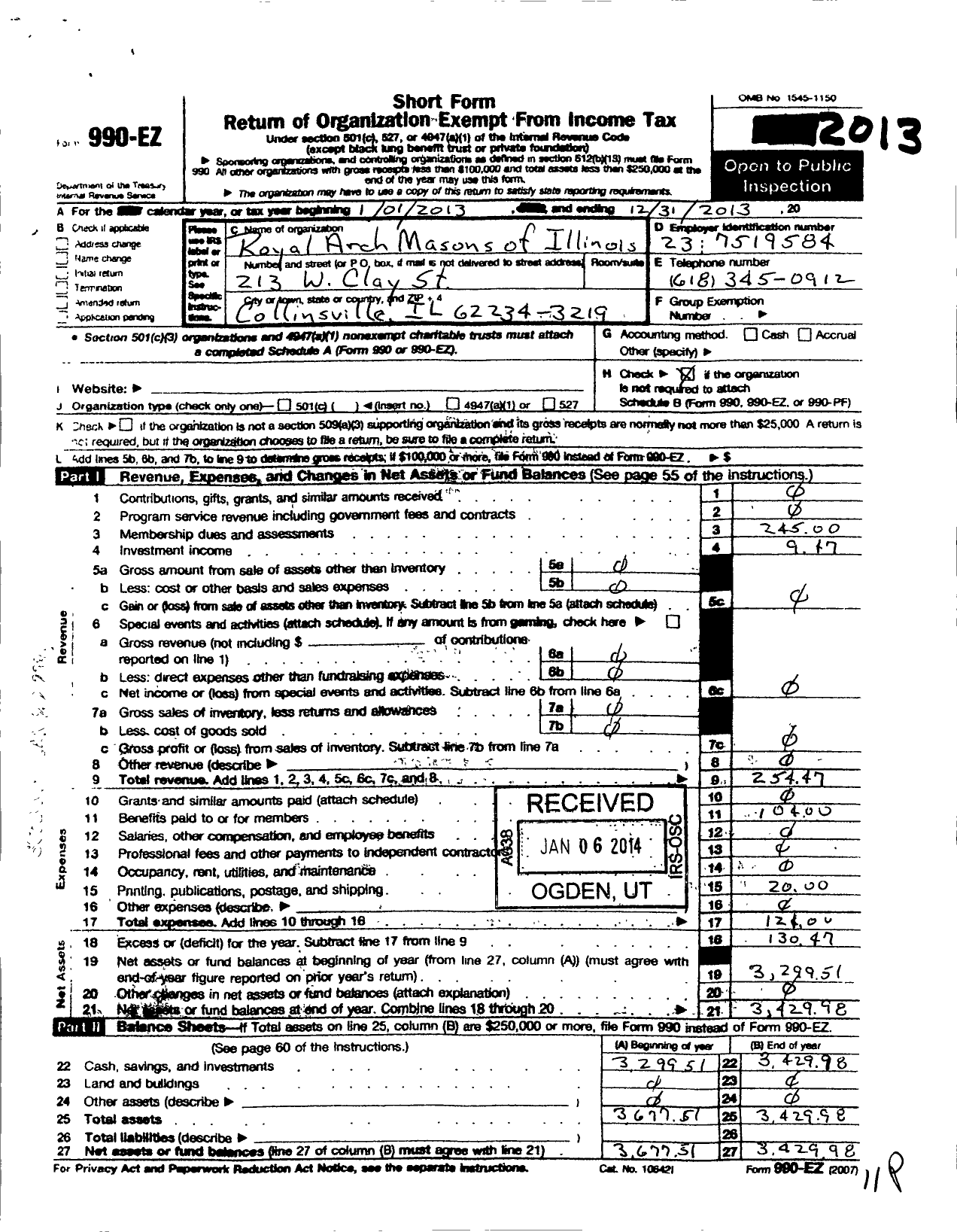 Image of first page of 2013 Form 990EO for Royal Arch Masons of Illinois - 182 Unity Chapter