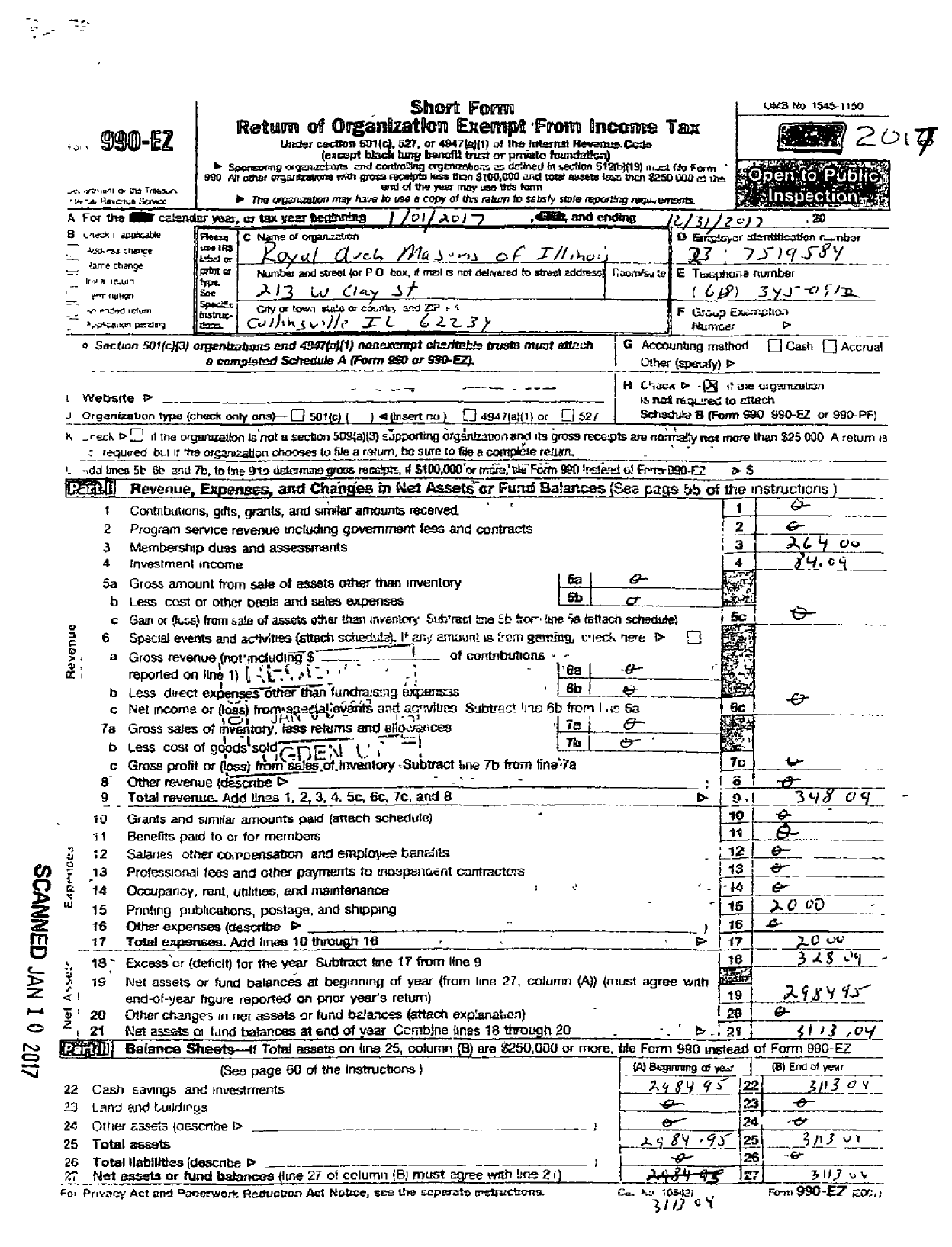 Image of first page of 2017 Form 990EO for Royal Arch Masons of Illinois - 182 Unity Chapter