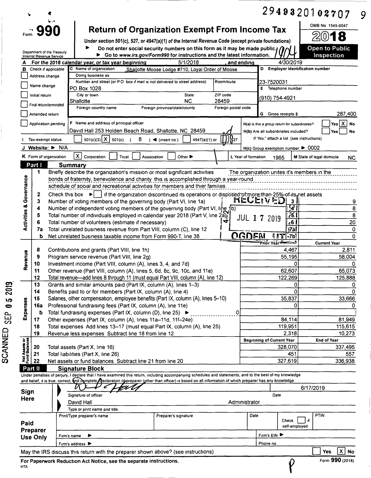 Image of first page of 2018 Form 990O for Loyal Order of Moose - 710