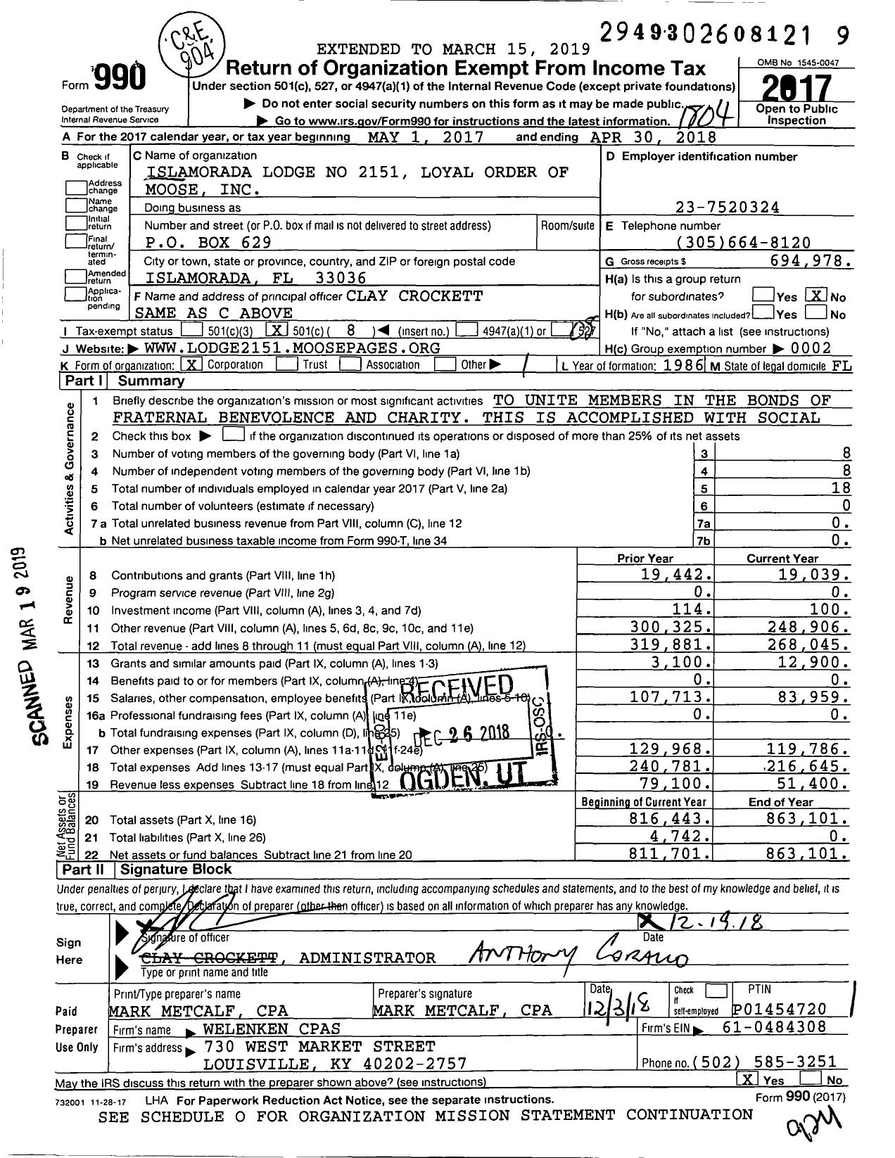 Image of first page of 2017 Form 990O for Loyal Order of Moose - 2151