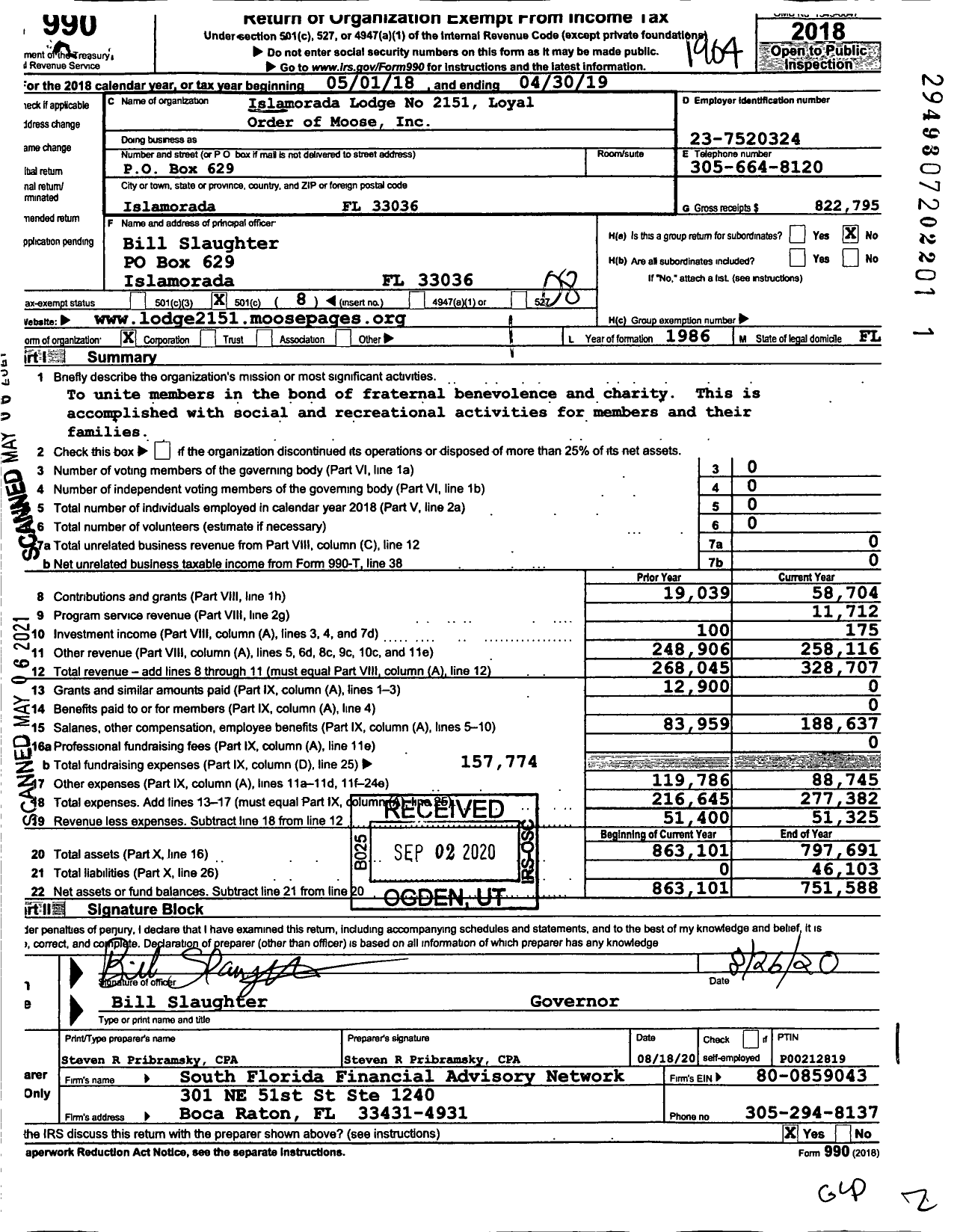 Image of first page of 2018 Form 990O for Loyal Order of Moose - 2151