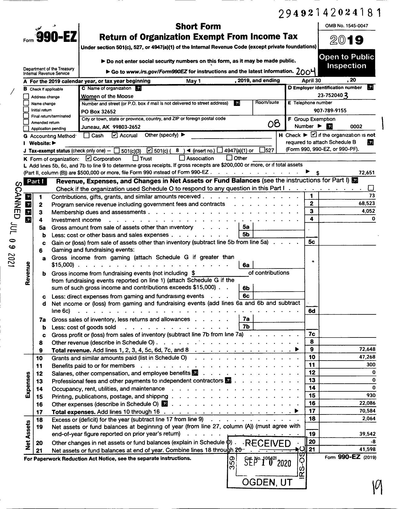 Image of first page of 2019 Form 990EO for Loyal Order of Moose - 439