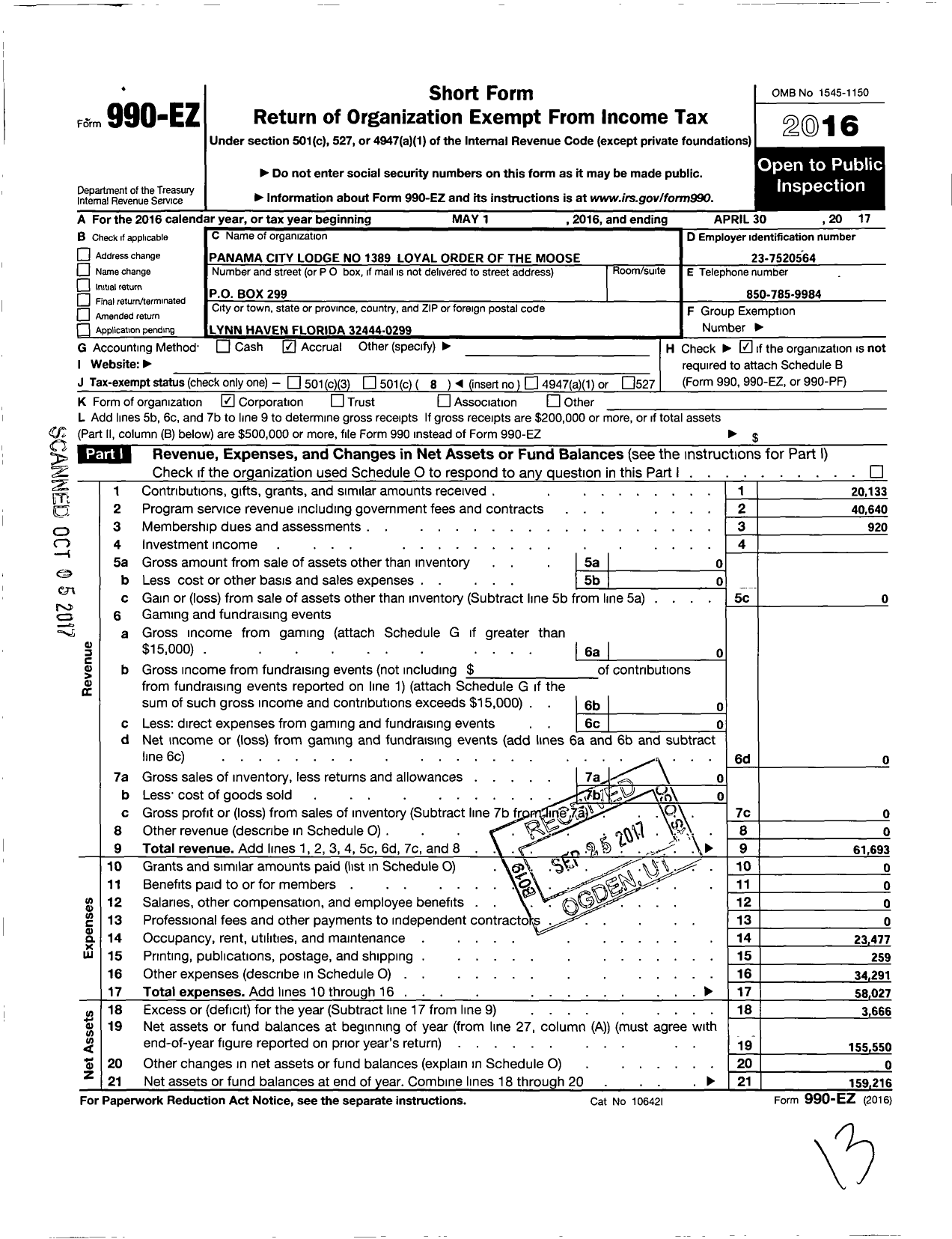 Image of first page of 2016 Form 990EO for Panama City Lodge No 1389 Loyal Order of Moose