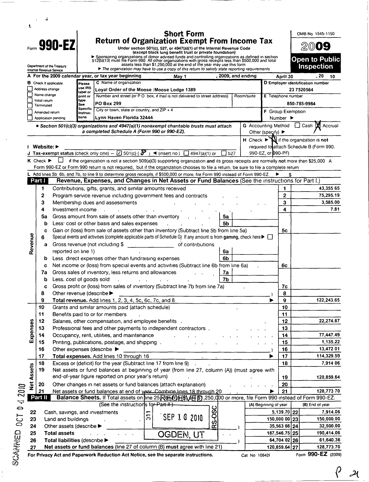 Image of first page of 2009 Form 990EO for Panama City Lodge No 1389 Loyal Order of Moose