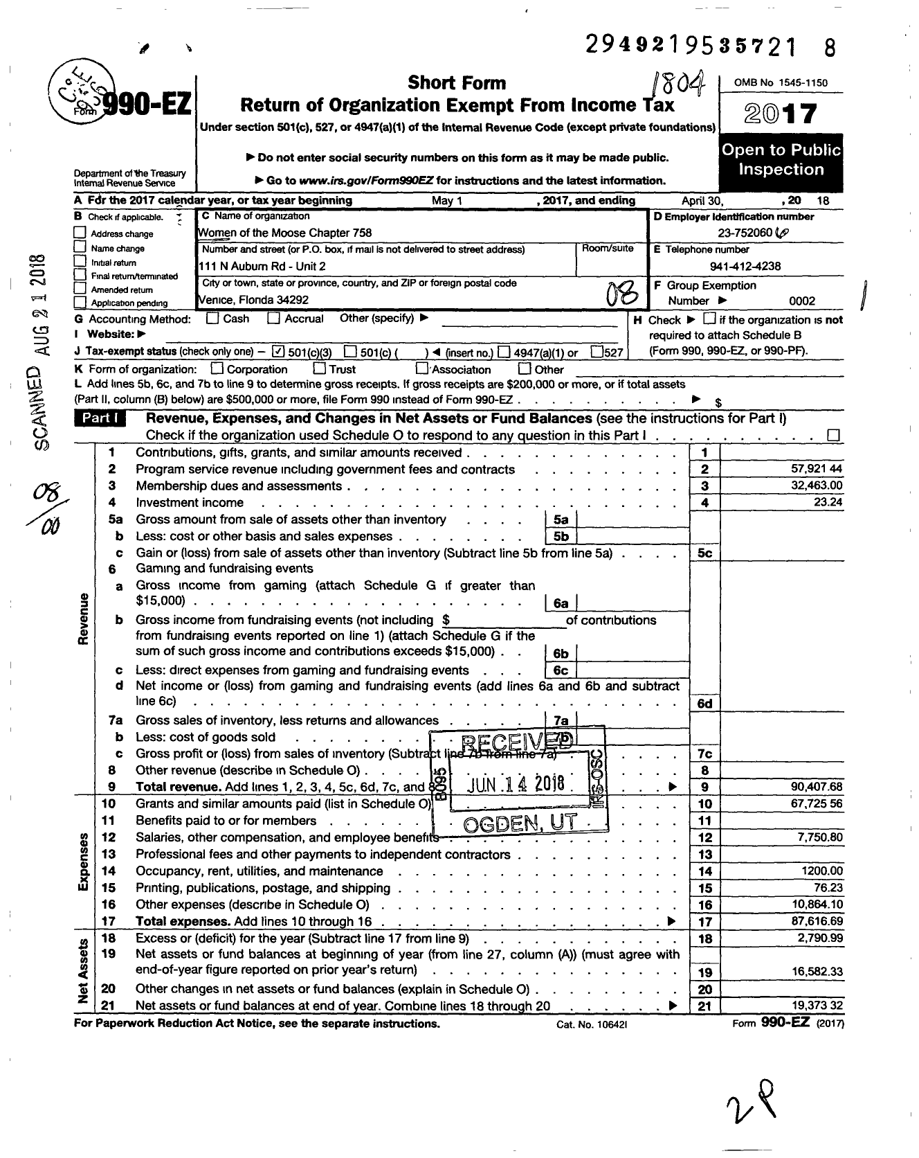 Image of first page of 2017 Form 990EO for Loyal Order of Moose - 758