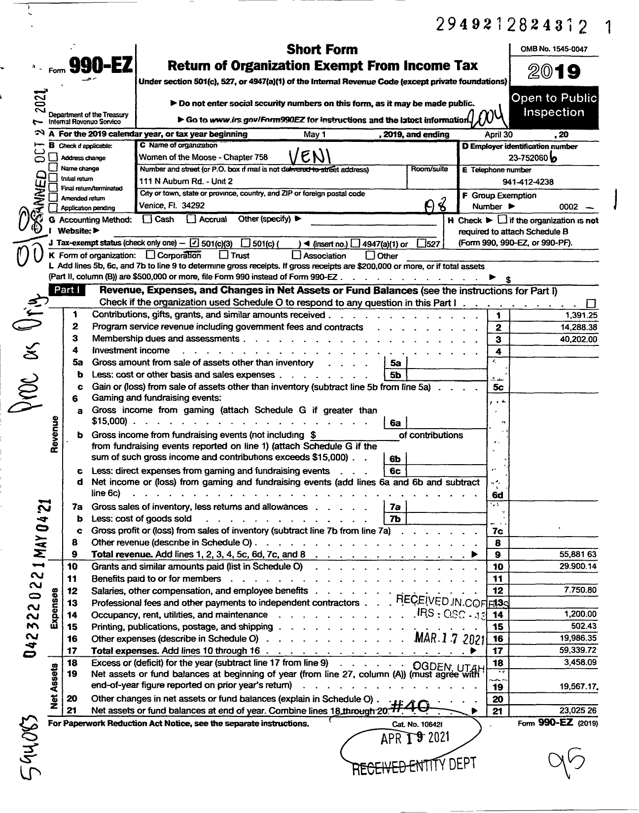 Image of first page of 2019 Form 990EO for Loyal Order of Moose - 758