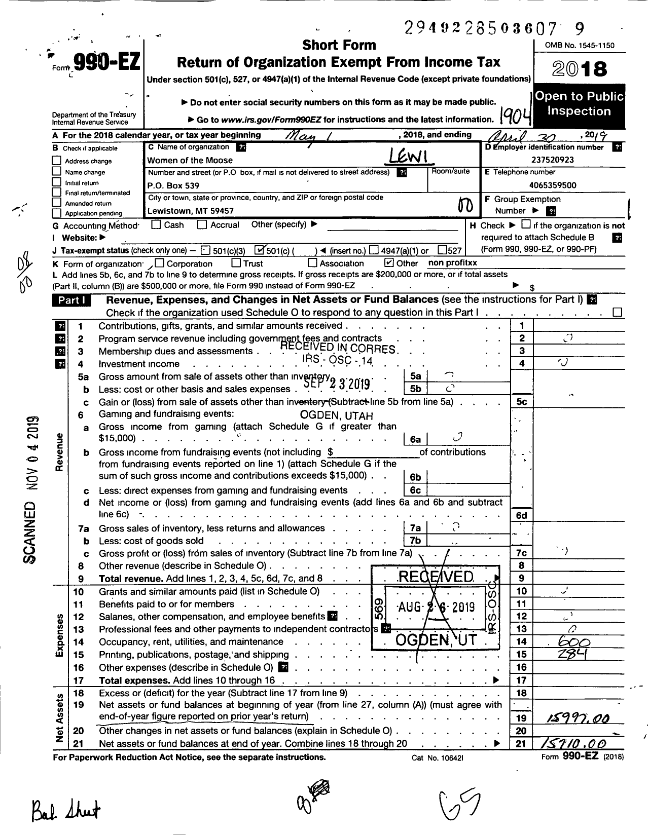 Image of first page of 2018 Form 990EO for Women of the Moose