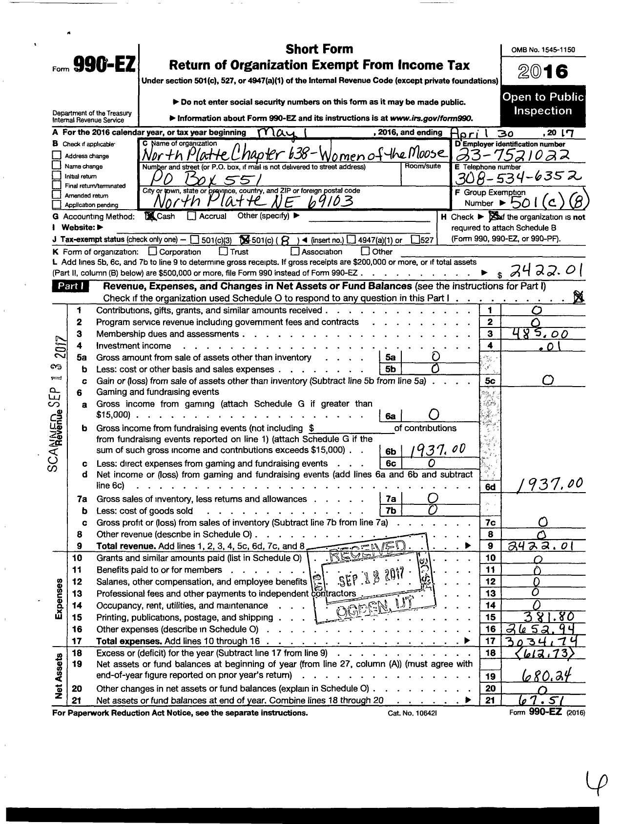 Image of first page of 2016 Form 990EO for North Platte Chapter 638 Women of the Moose