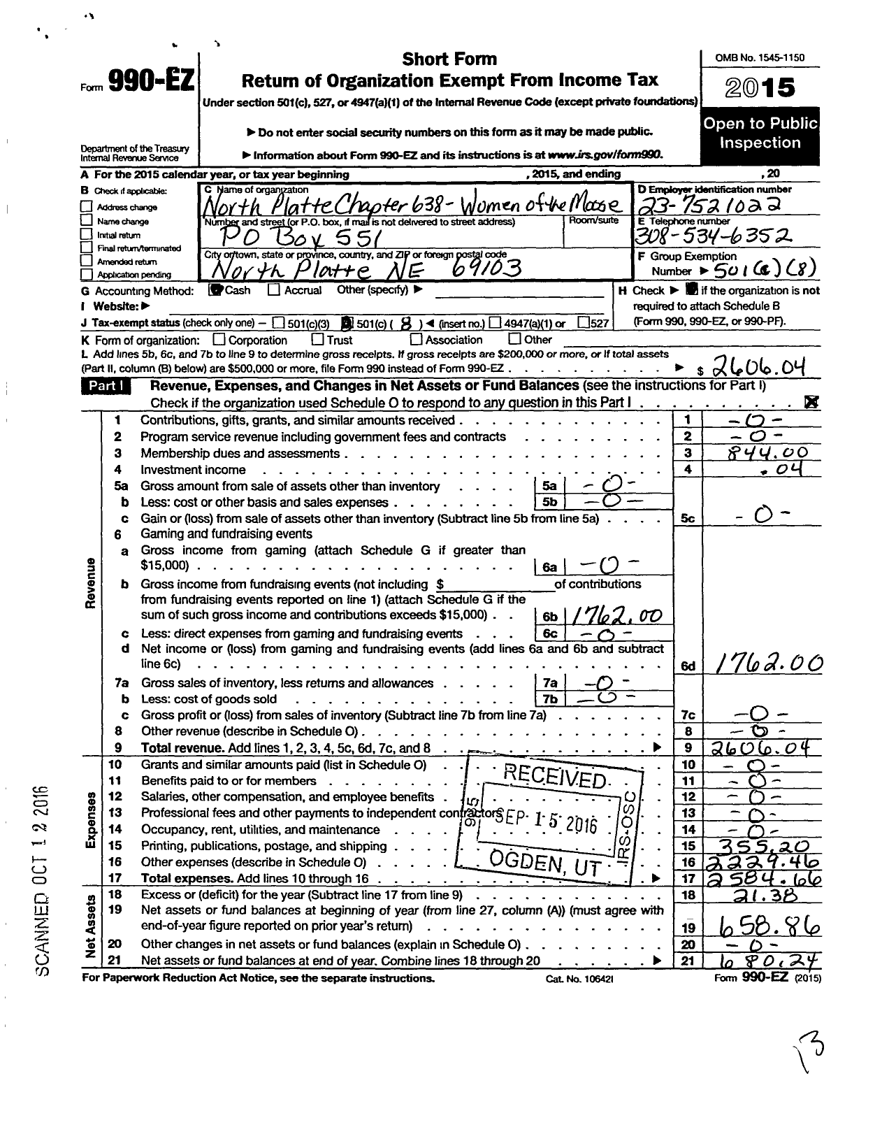 Image of first page of 2015 Form 990EO for North Platte Chapter 638 Women of the Moose