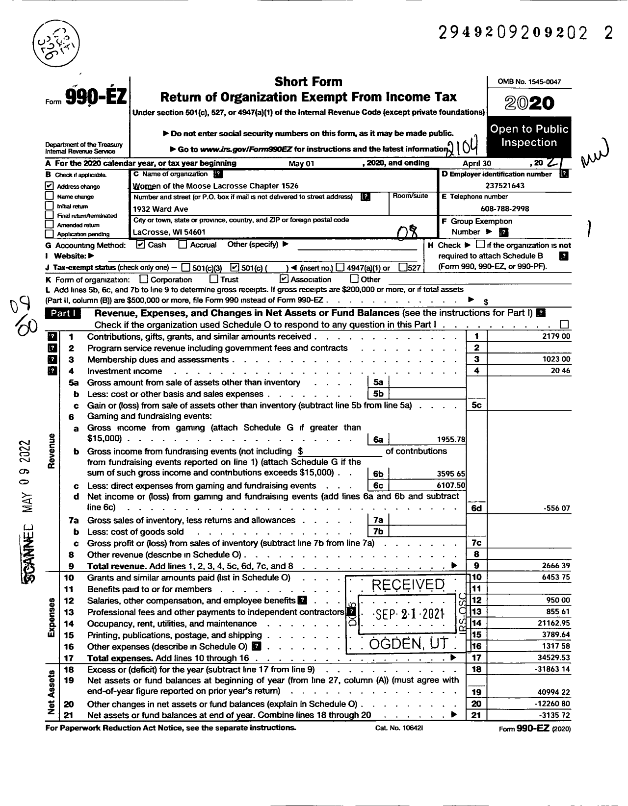 Image of first page of 2020 Form 990EO for Loyal Order of Moose - 1526