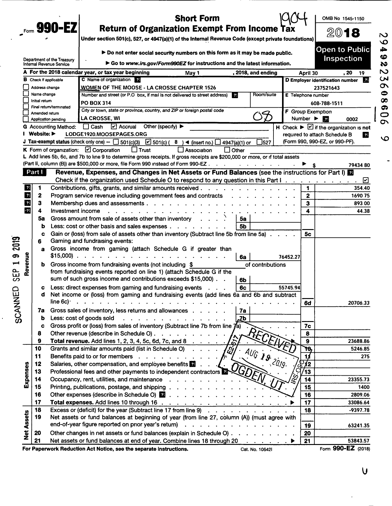 Image of first page of 2018 Form 990EO for Loyal Order of Moose - 1526