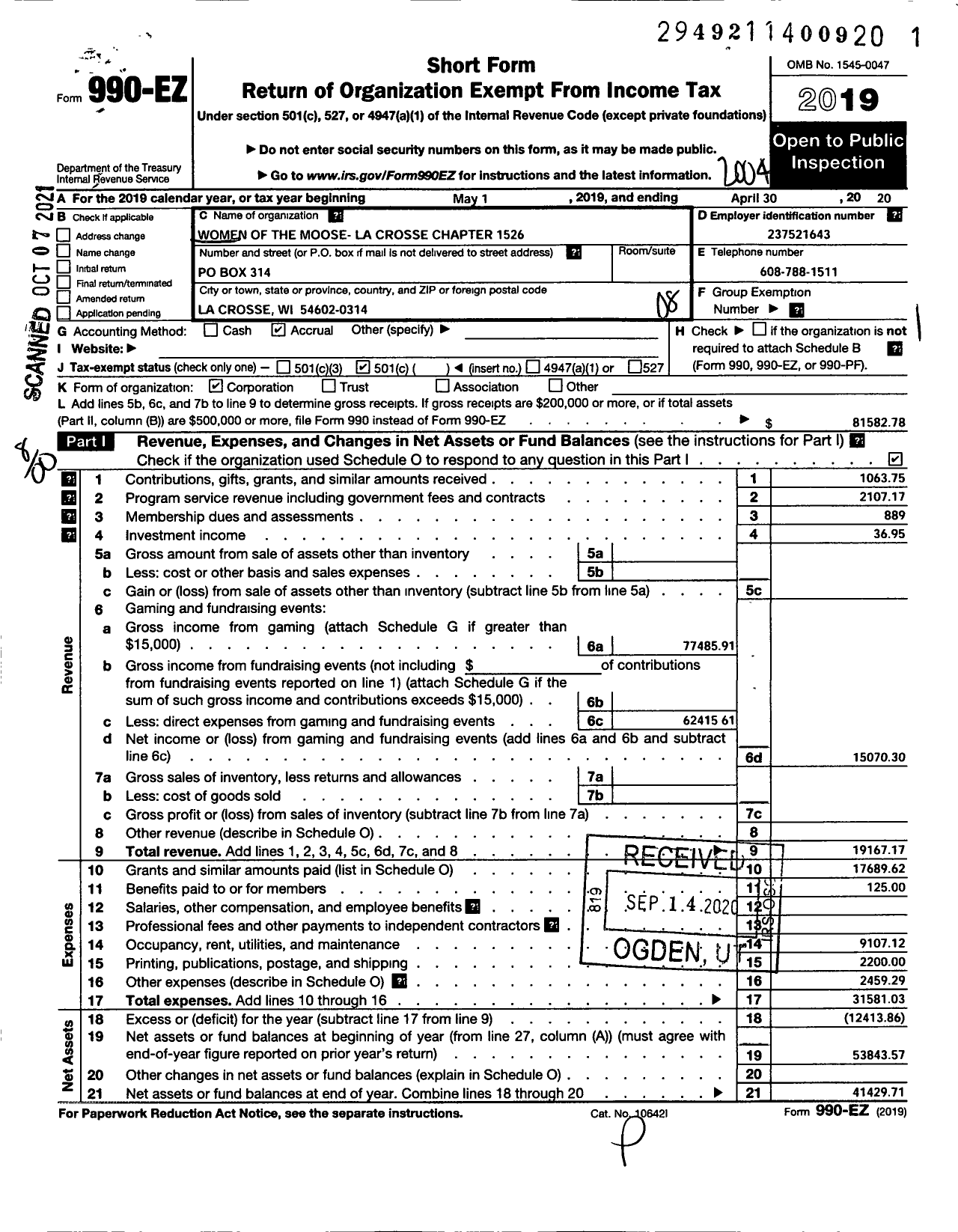 Image of first page of 2019 Form 990EO for Loyal Order of Moose - 1526