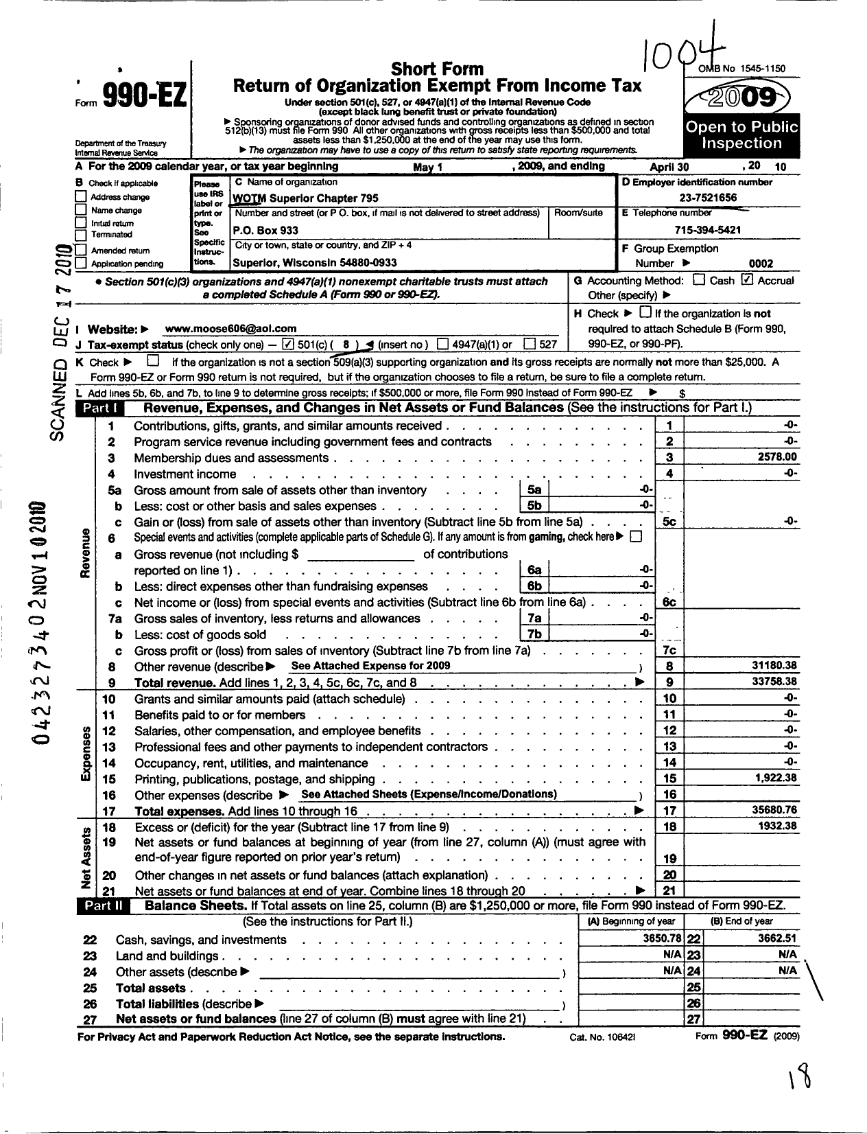 Image of first page of 2009 Form 990EO for Loyal Order of Moose - 795