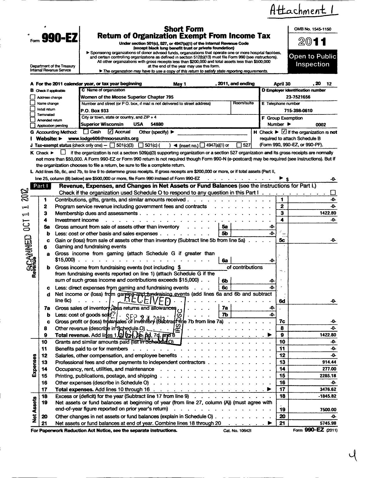 Image of first page of 2011 Form 990EO for Loyal Order of Moose - 795