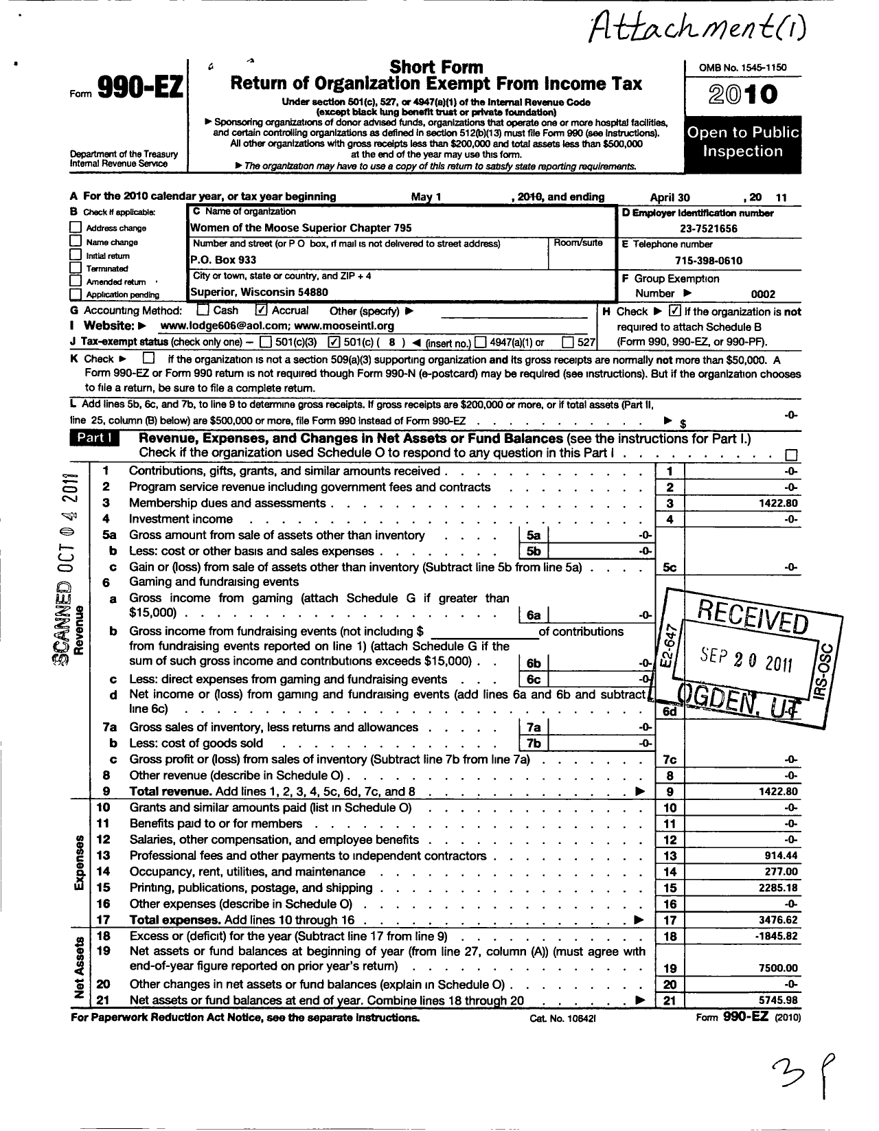 Image of first page of 2010 Form 990EO for Loyal Order of Moose - 795