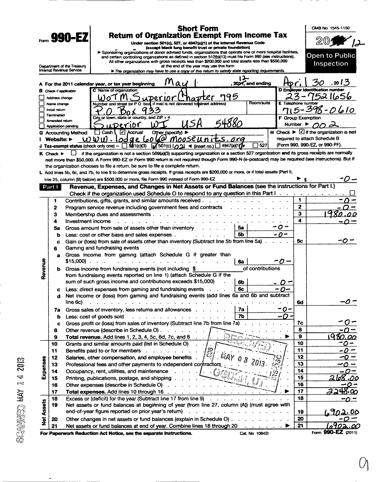 Image of first page of 2012 Form 990EO for Loyal Order of Moose - 795