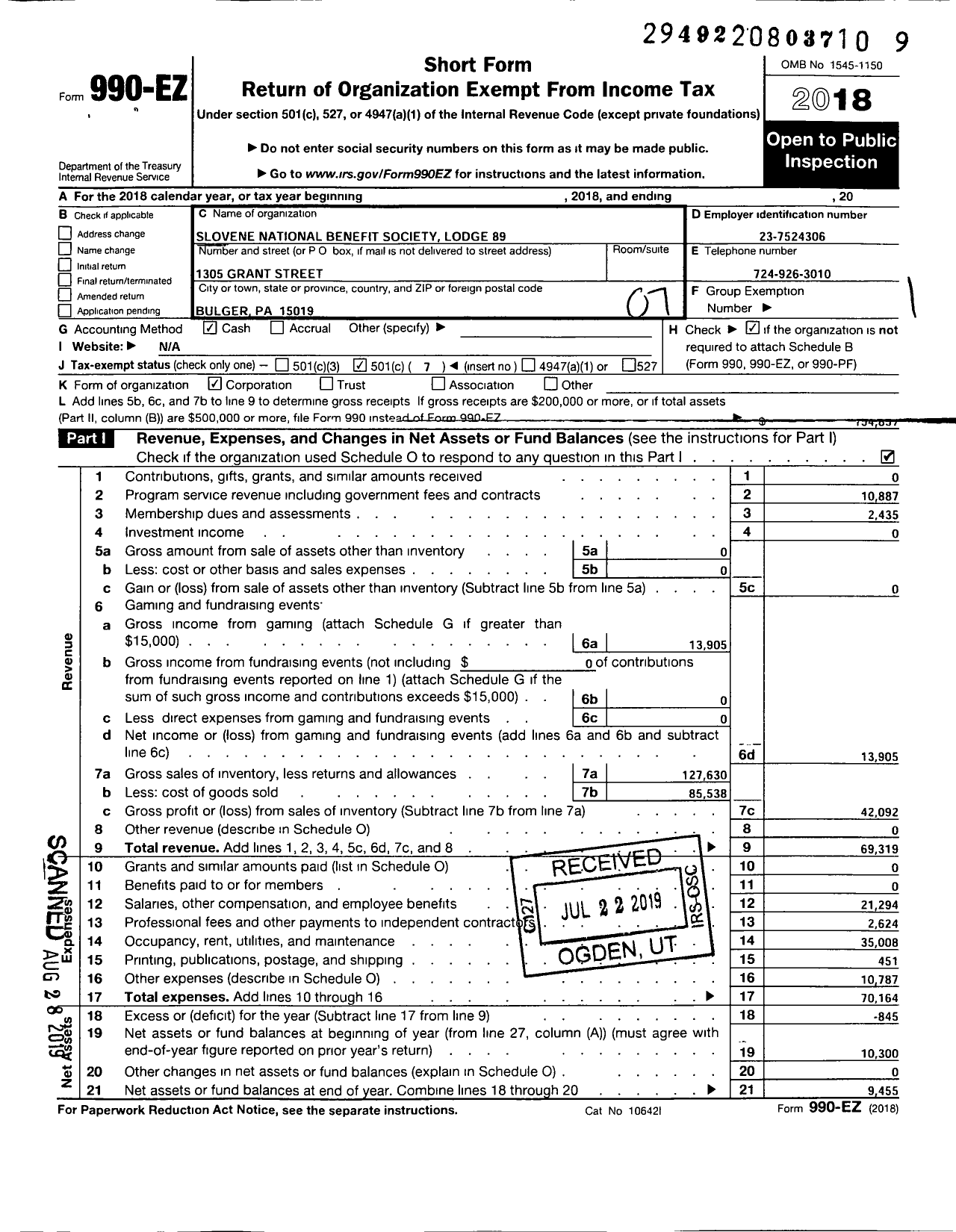 Image of first page of 2018 Form 990EO for Slovene National Benefit Society - 0089