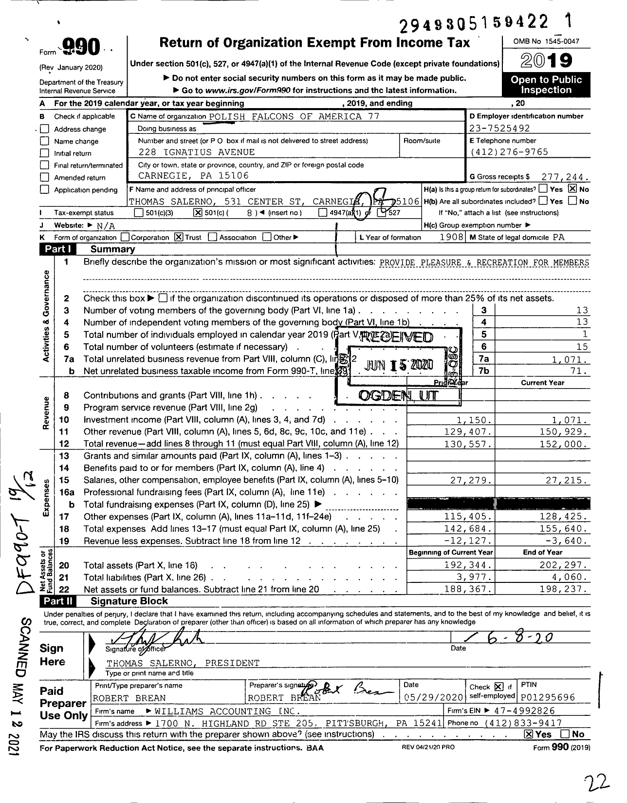 Image of first page of 2019 Form 990O for Polish Falcons of America - 77