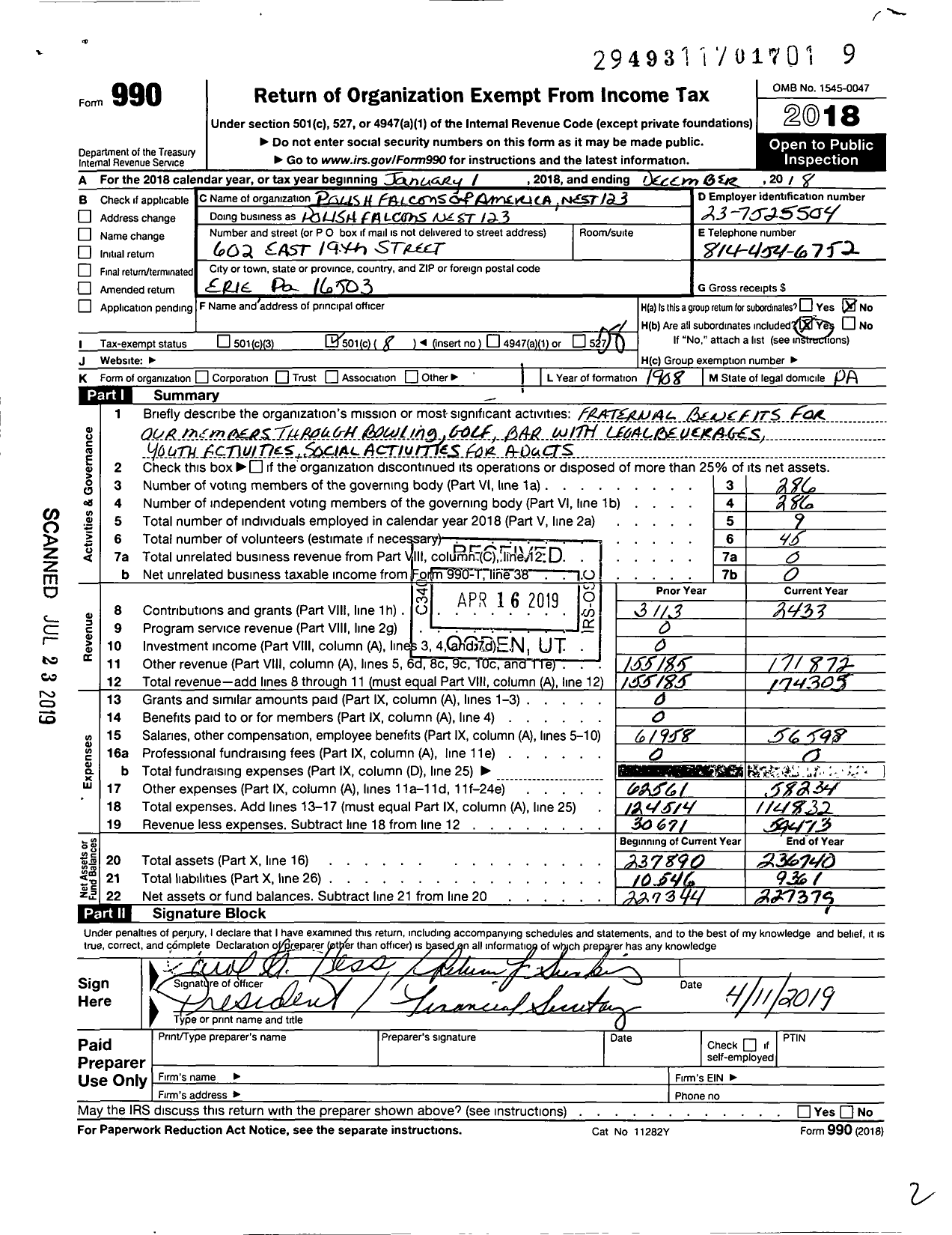 Image of first page of 2018 Form 990O for Polish Falcons of America - 123 Nest