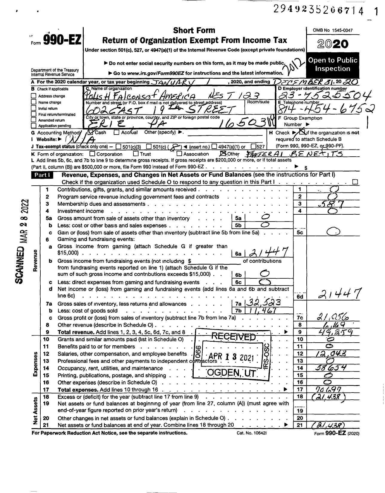 Image of first page of 2020 Form 990EO for Polish Falcons of America - 123 Nest