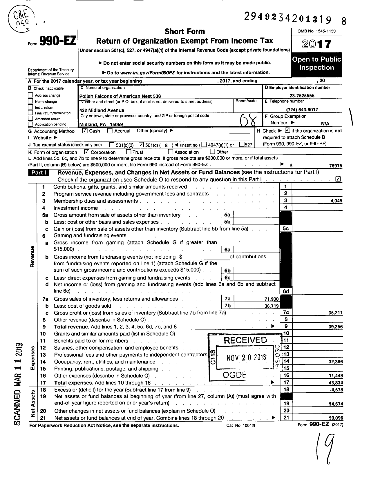 Image of first page of 2017 Form 990EO for Polish Falcons of America - 538 Nest