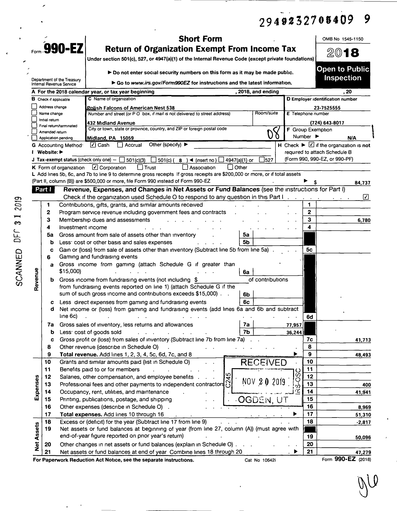 Image of first page of 2018 Form 990EO for Polish Falcons of America - 538 Nest