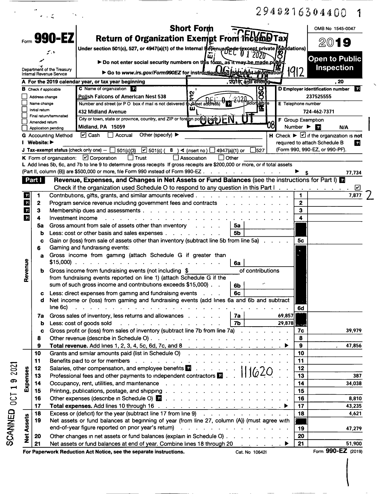 Image of first page of 2019 Form 990EO for Polish Falcons of America - 538 Nest