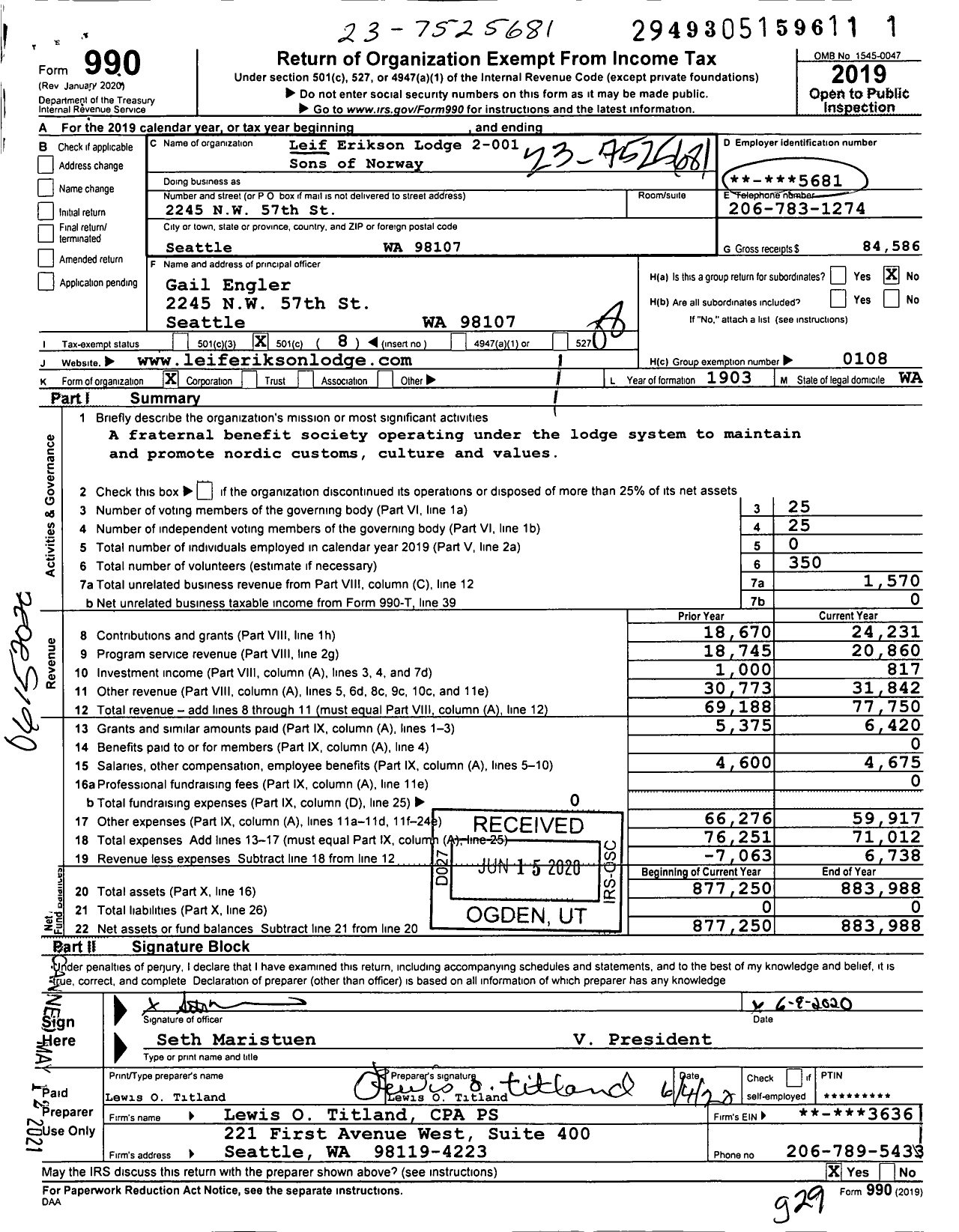 Image of first page of 2019 Form 990O for Sons of Norway - 2-001 Leif Erikson Lodge