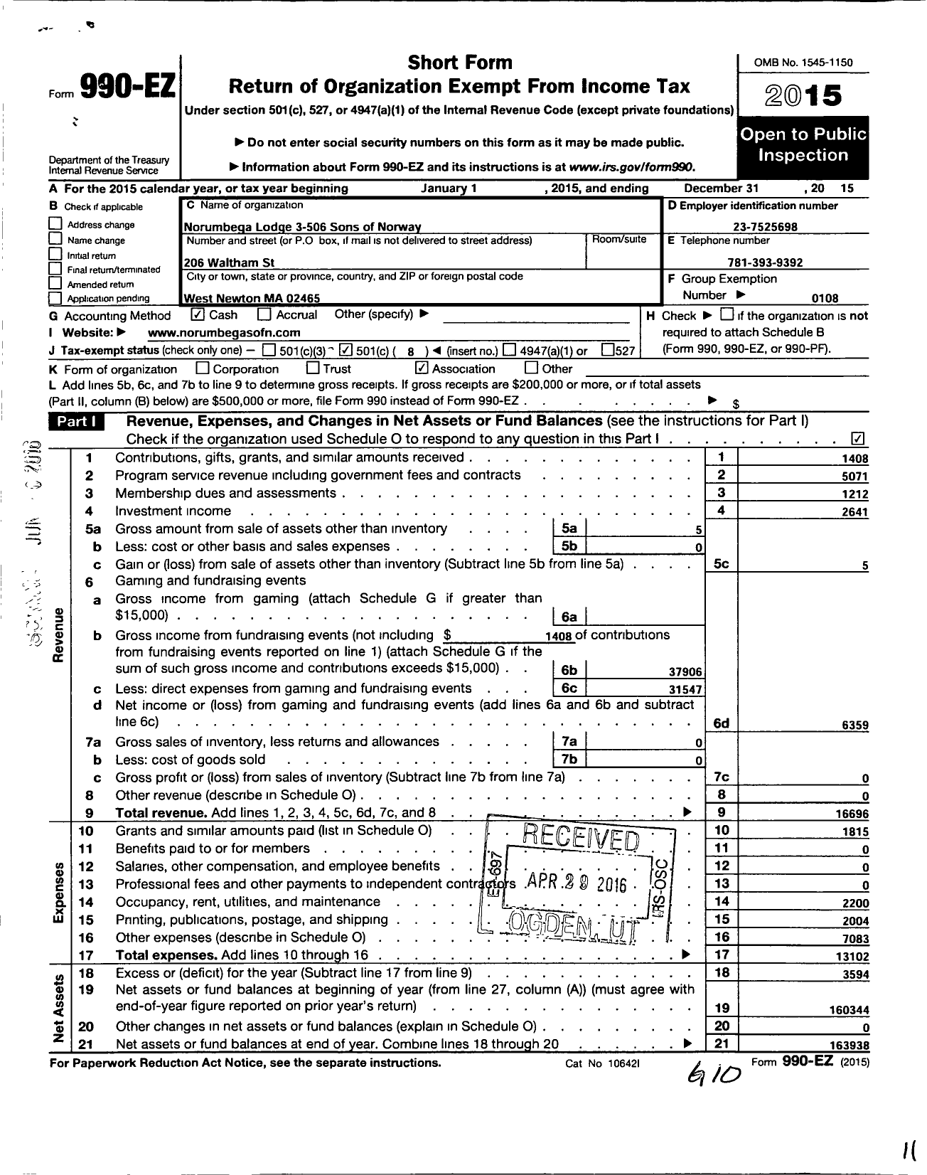 Image of first page of 2015 Form 990EO for Sons of Norway - 3-506 Norumbega