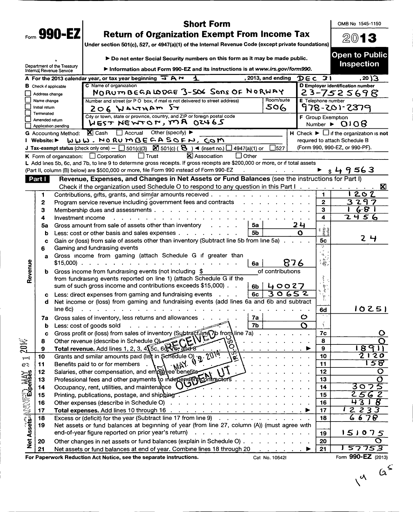 Image of first page of 2013 Form 990EO for Sons of Norway - 3-506 Norumbega