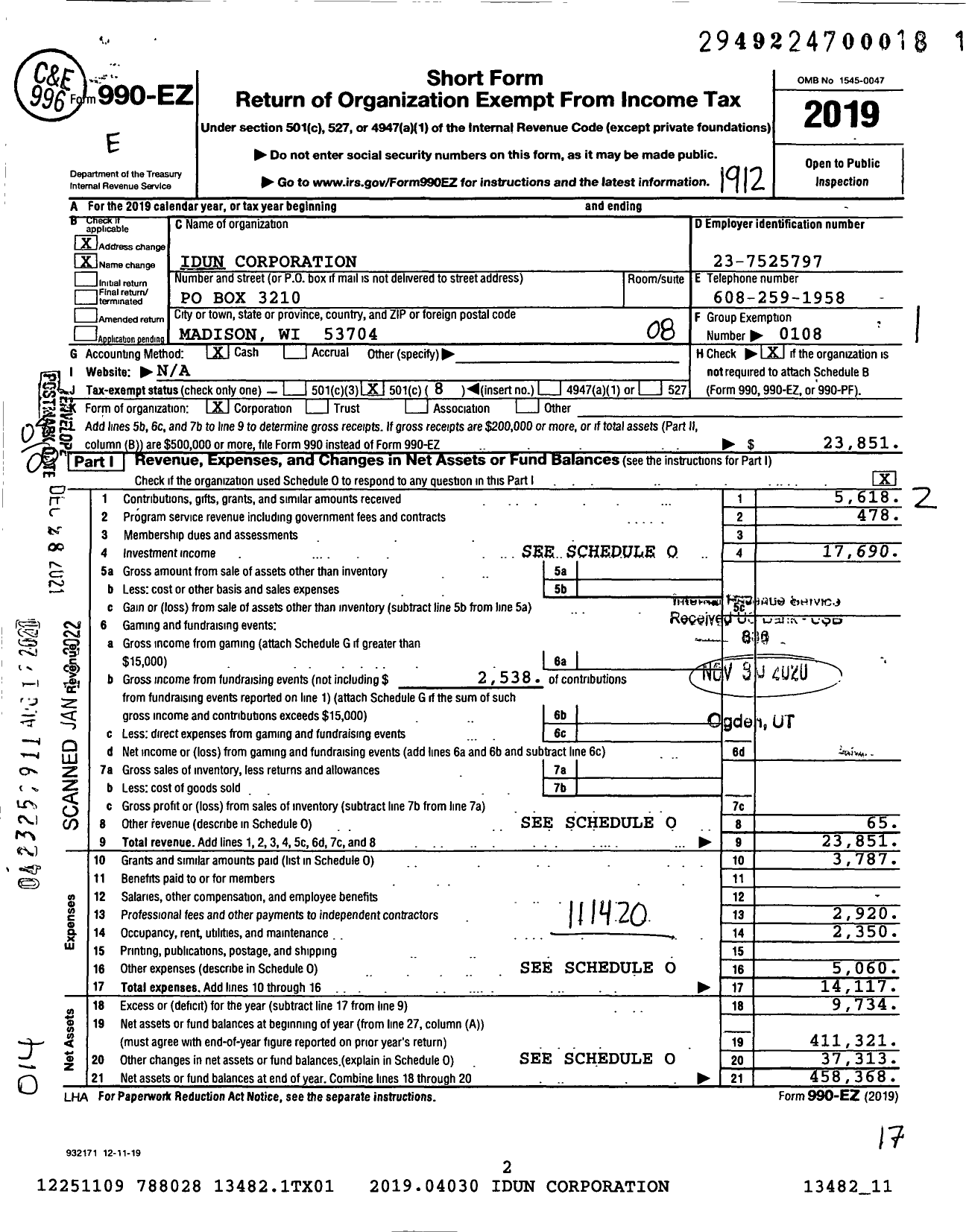 Image of first page of 2019 Form 990EO for Sons of Norway - Idun Corporation