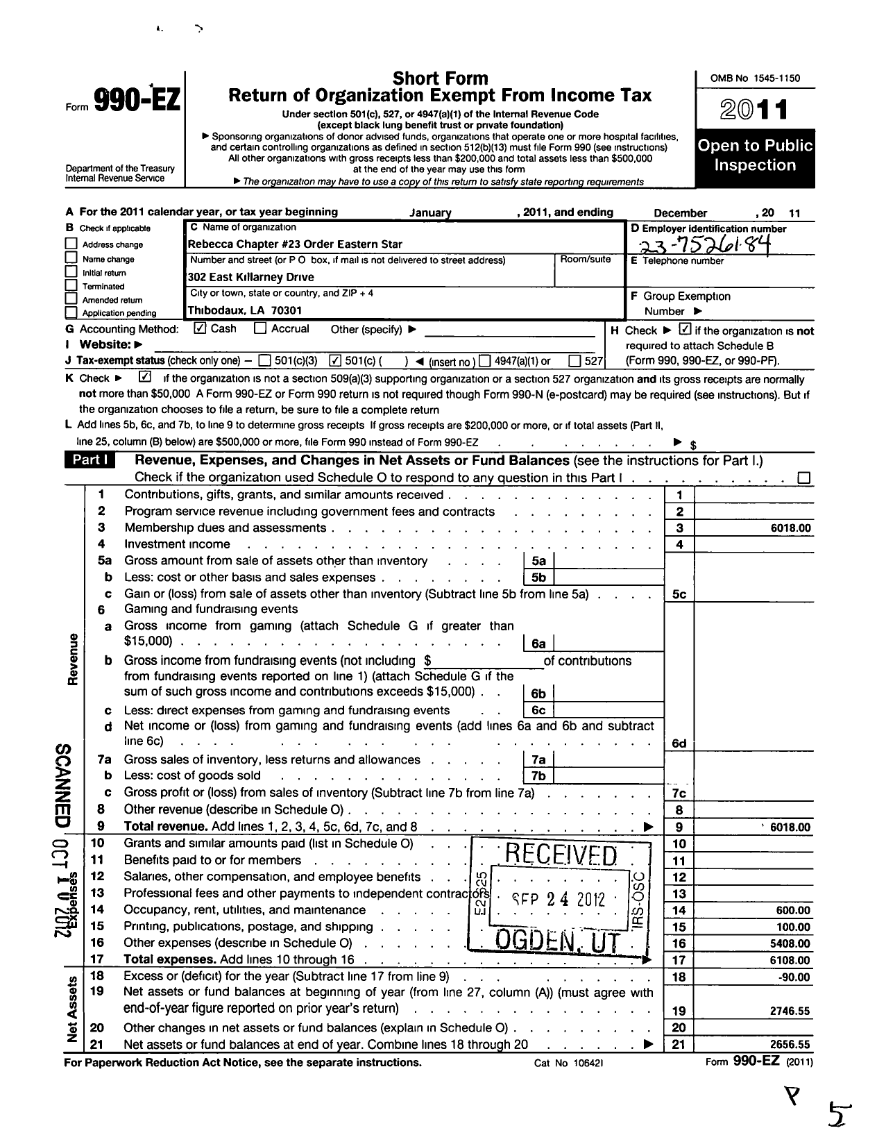 Image of first page of 2011 Form 990EO for Order of Eastern Star Prince Hall Affiliation of Louisiana - Rebecca 023