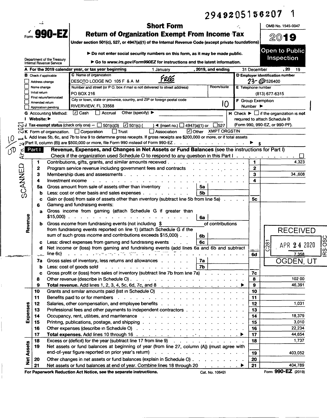 Image of first page of 2019 Form 990EO for Free and Accepted Masons of Florida David Rivera - 105 Desoto Lodge