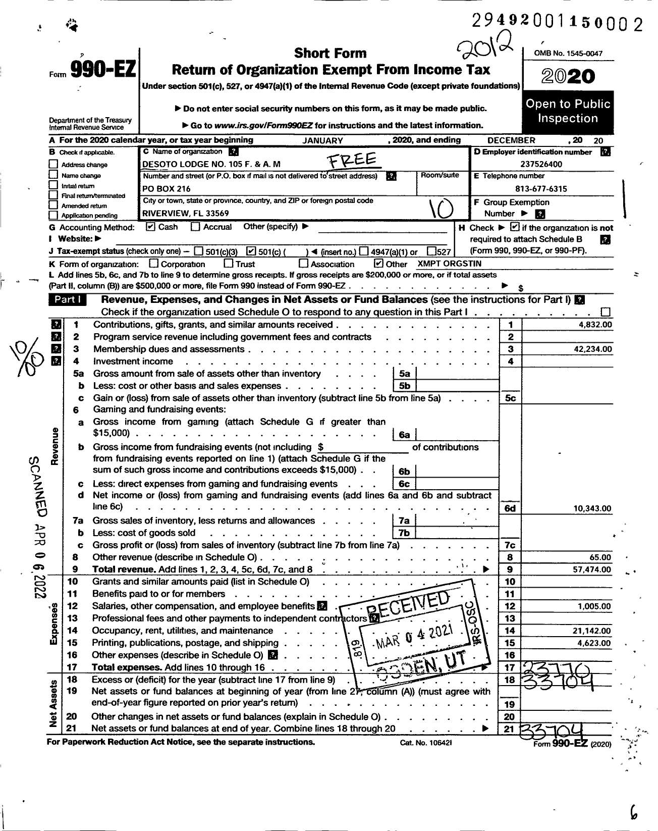 Image of first page of 2020 Form 990EO for Free and Accepted Masons of Florida David Rivera - 105 Desoto Lodge