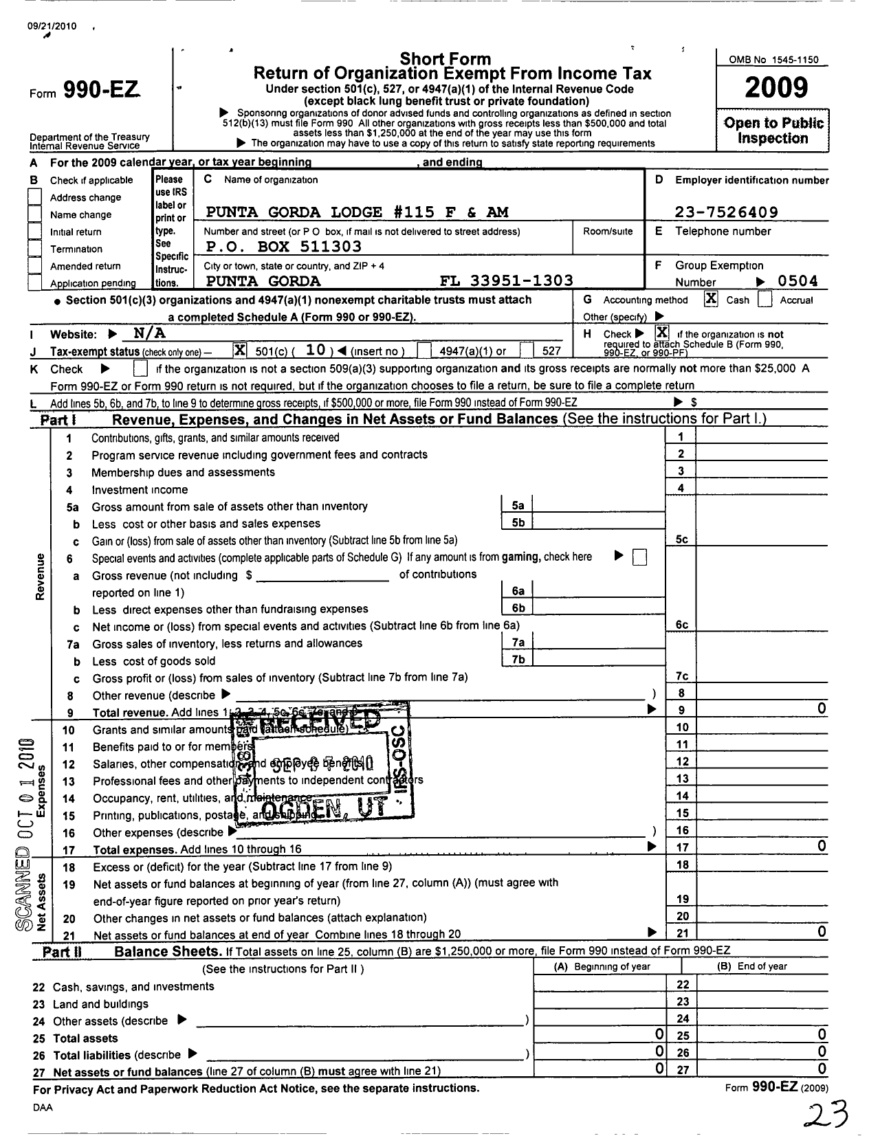 Image of first page of 2009 Form 990EO for Free and Accepted Masons of Florida - 115 Punta Gorda Lodge