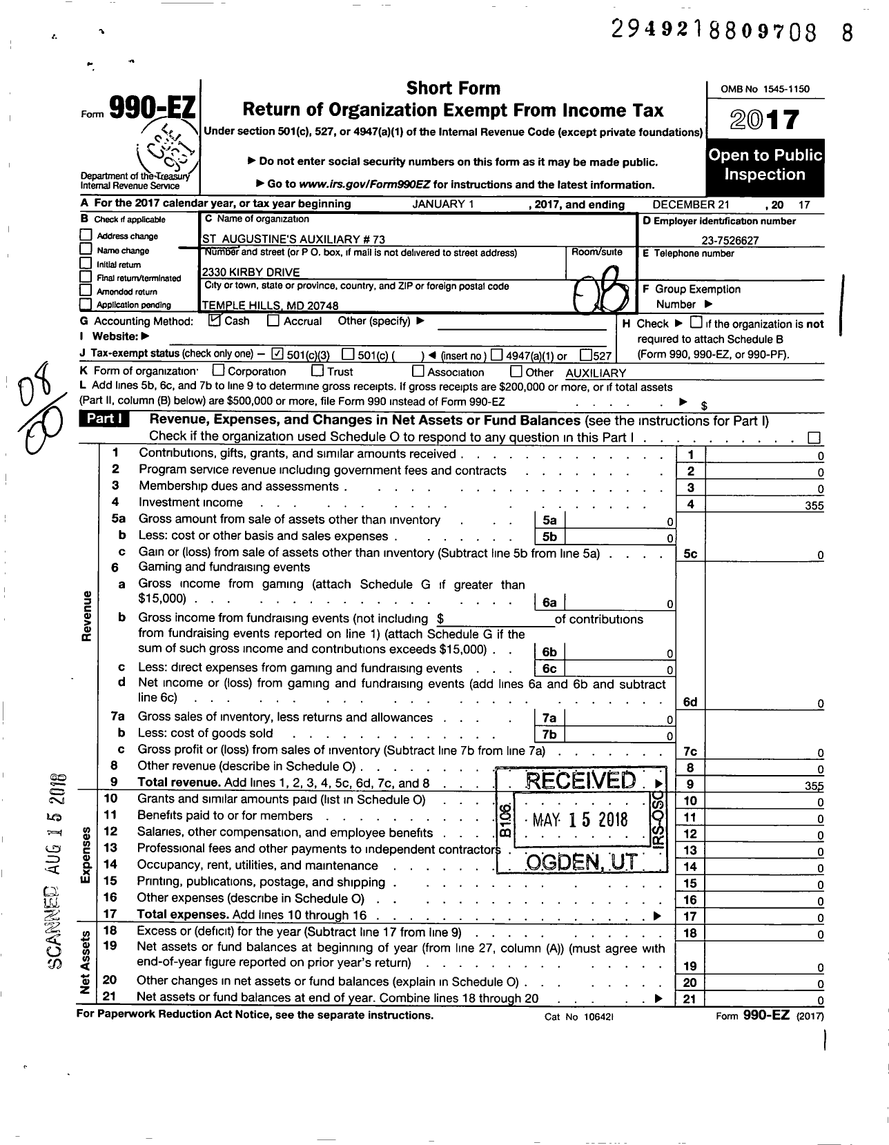 Image of first page of 2017 Form 990EO for Knights of St John Ladies Auxiliary - 73