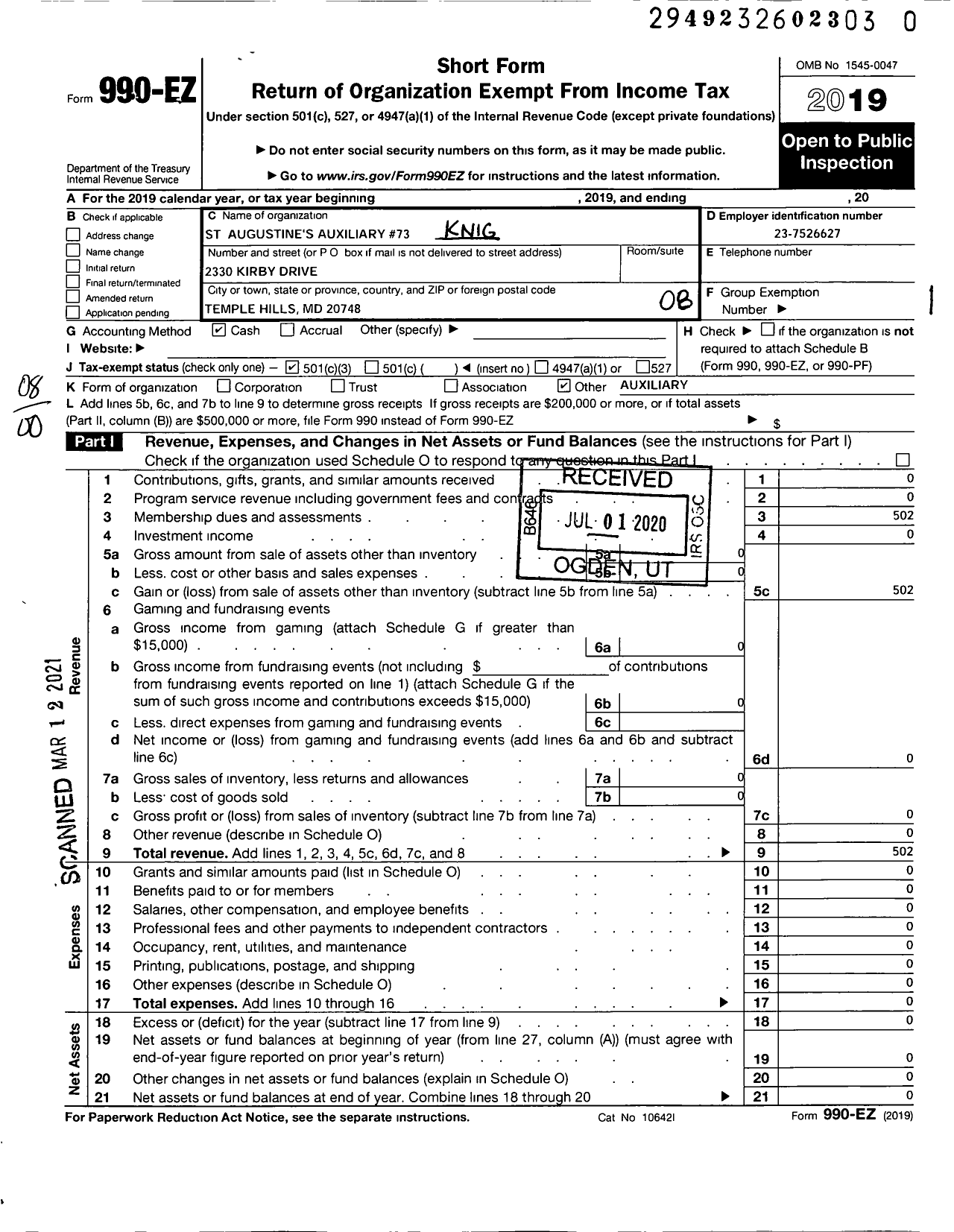 Image of first page of 2019 Form 990EO for Knights of St John Ladies Auxiliary - 73