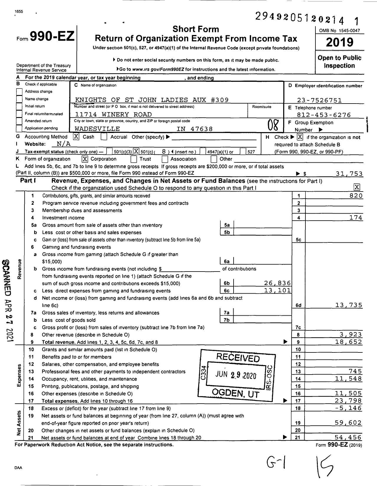 Image of first page of 2019 Form 990EO for Knights of St John Ladies Auxiliary - 309