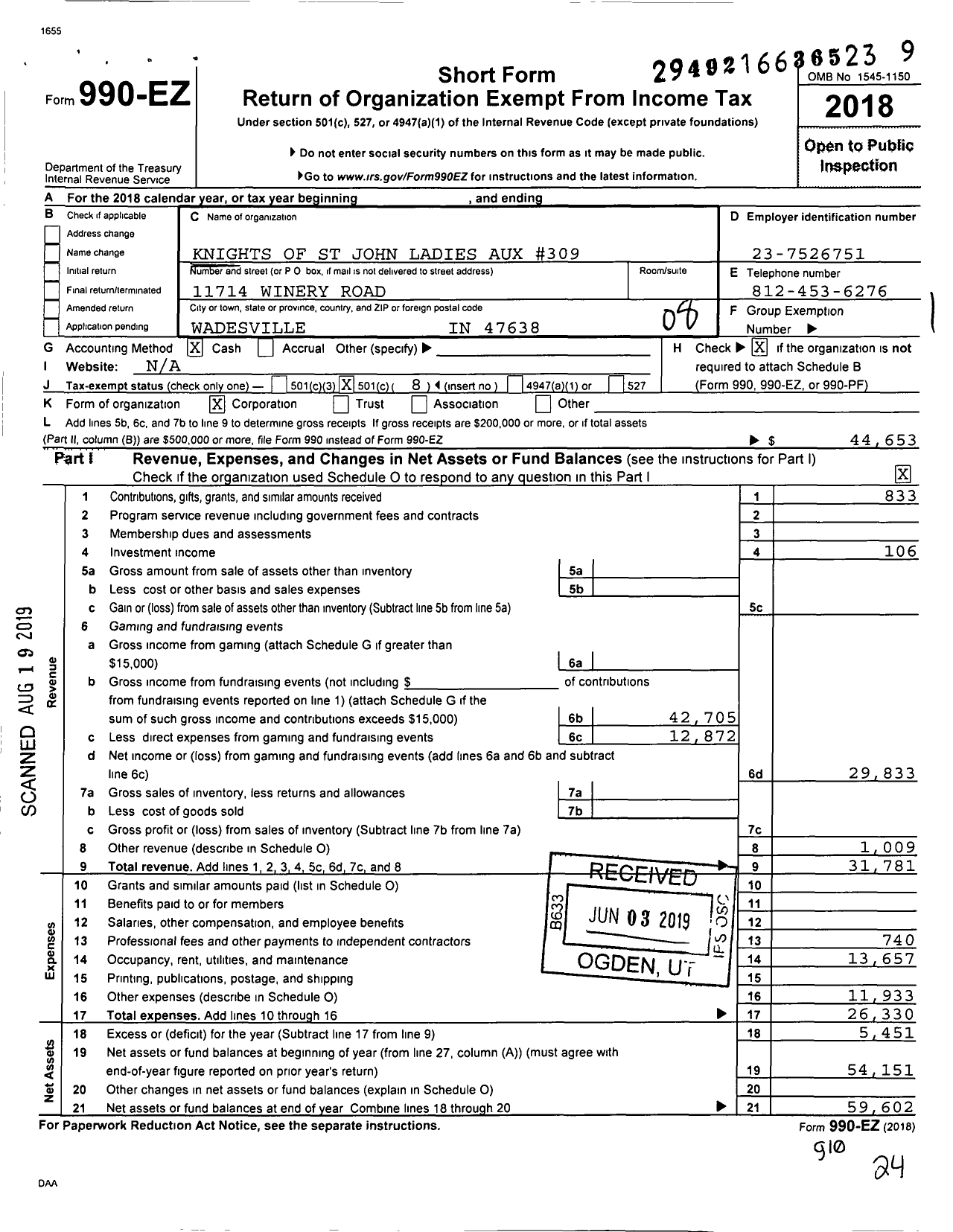 Image of first page of 2018 Form 990EO for Knights of St John Ladies Auxiliary - 309