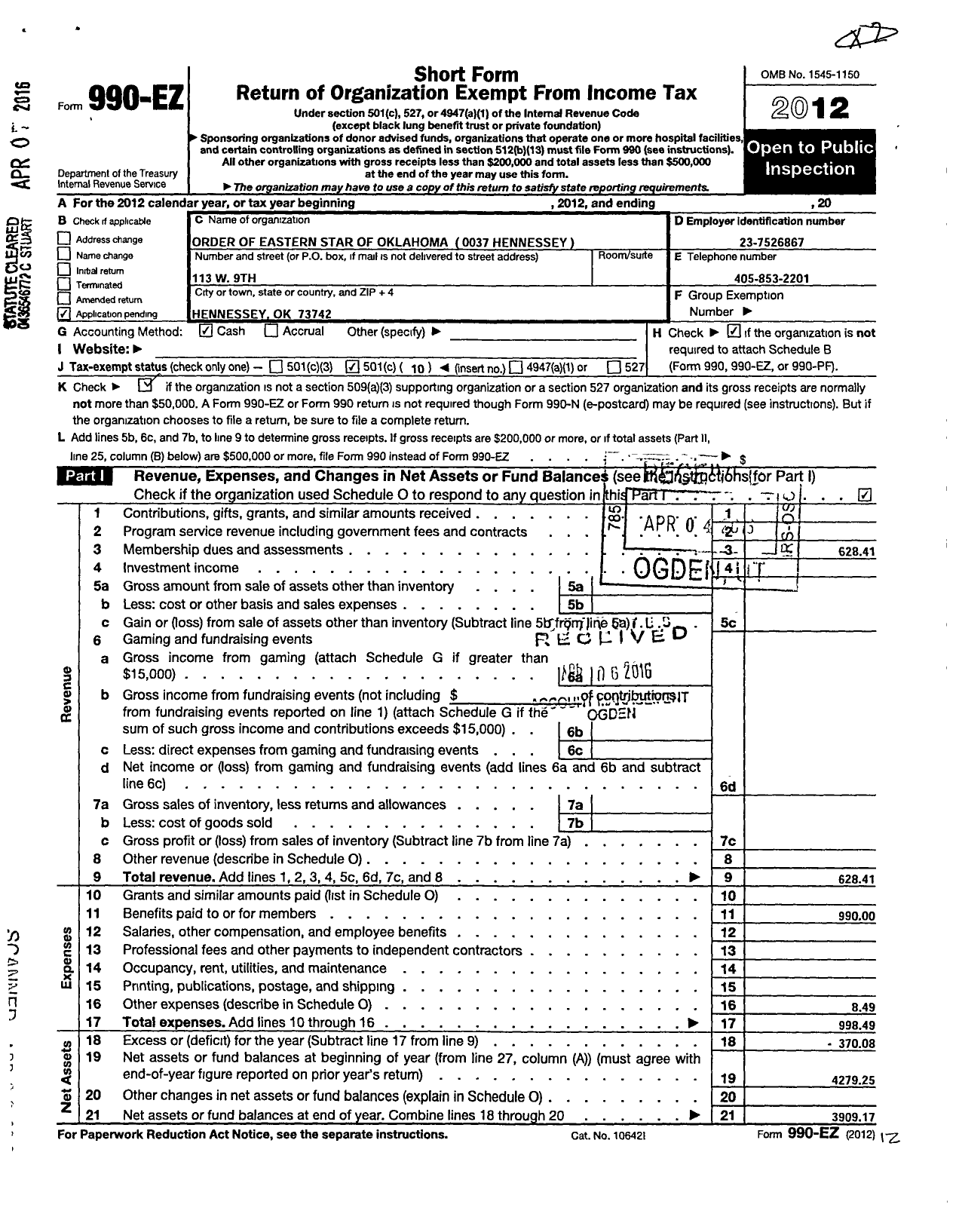 Image of first page of 2012 Form 990EO for Order of Eastern Star of Oklahoma / 0037 Hennessey