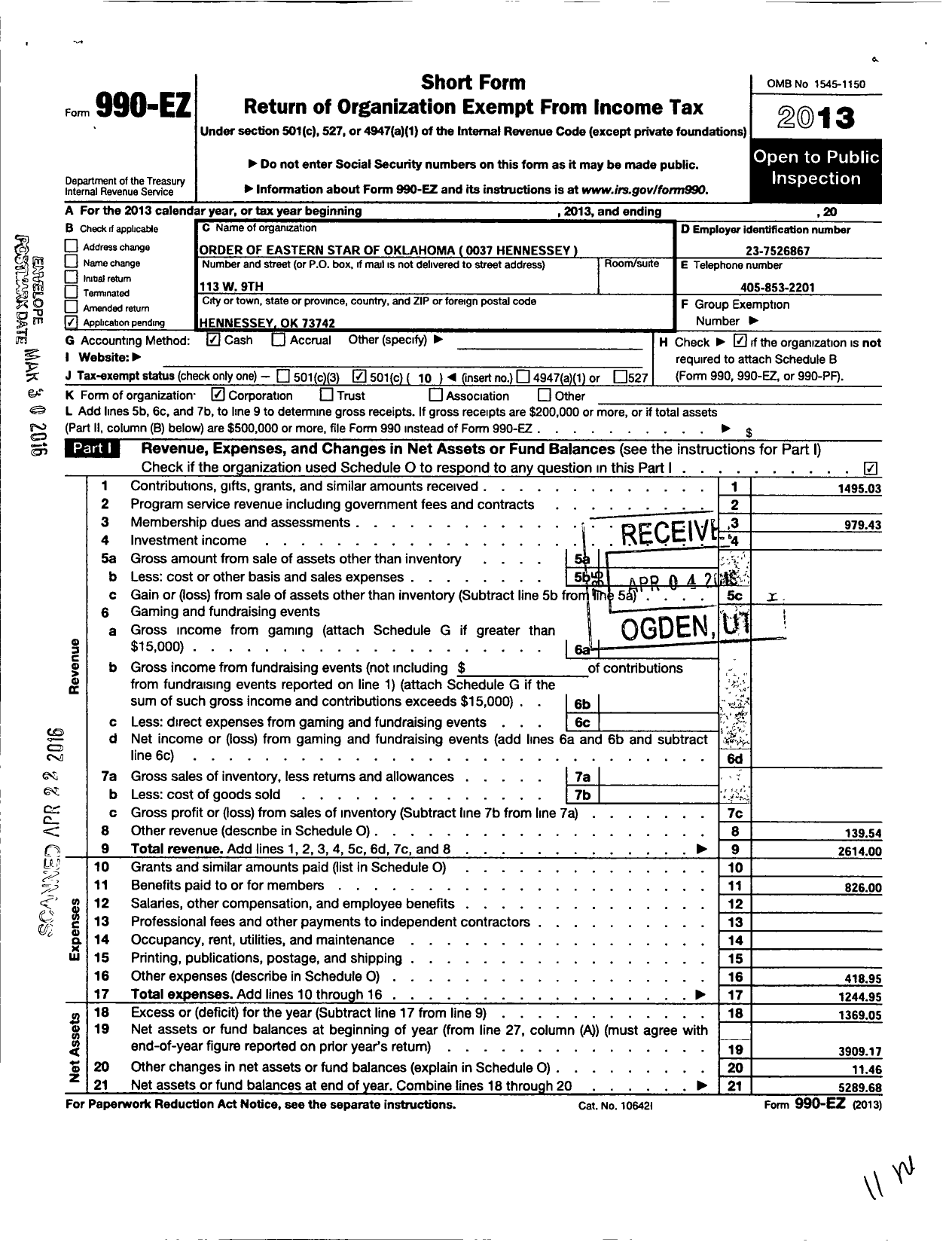 Image of first page of 2013 Form 990EO for Order of Eastern Star of Oklahoma / 0037 Hennessey