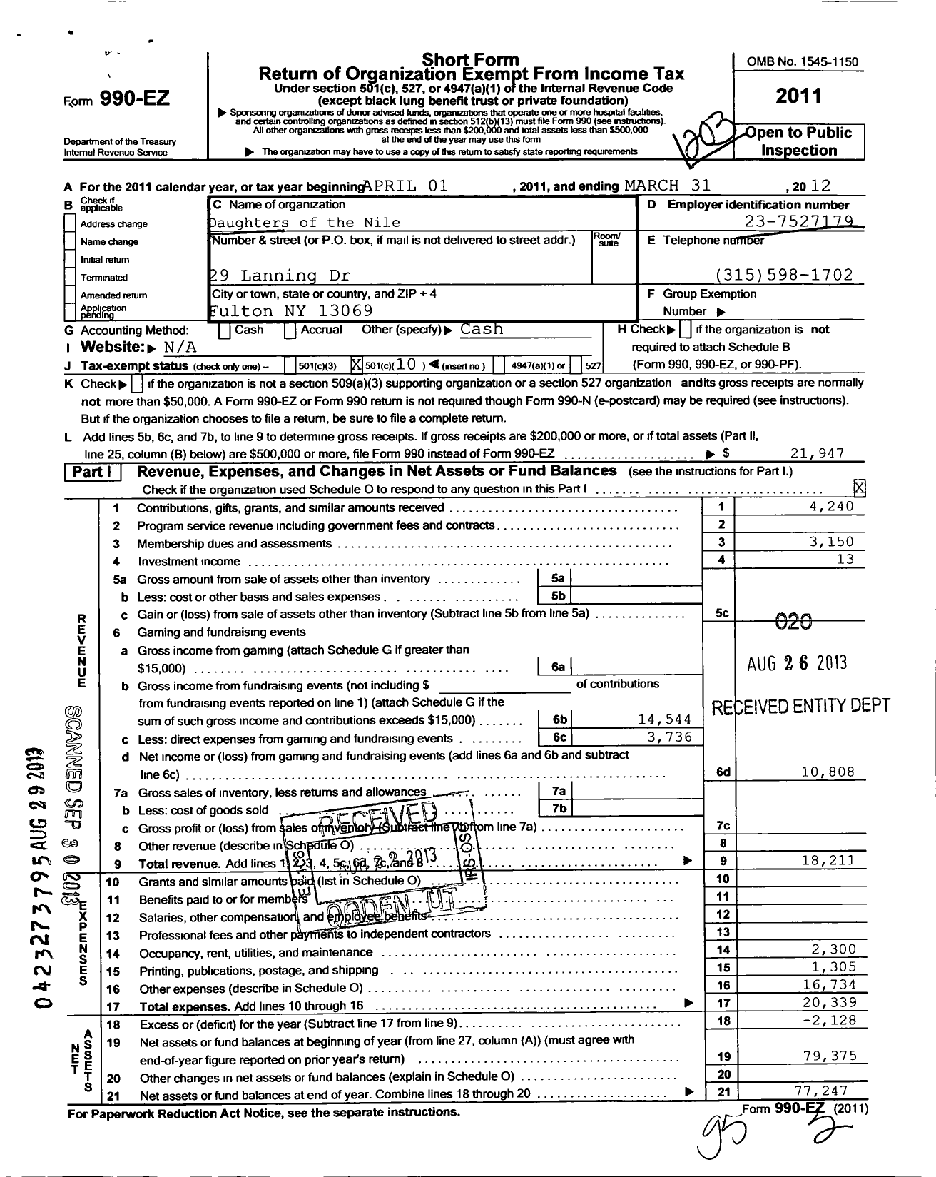 Image of first page of 2011 Form 990EO for Daughters of the Nile - 15 Ilderim