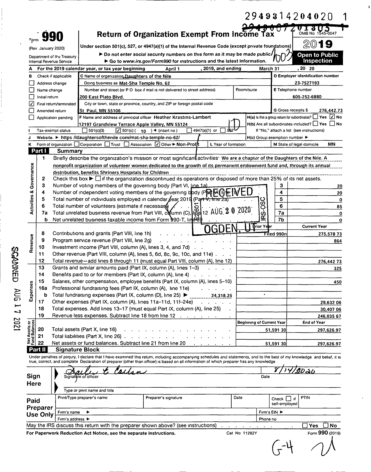 Image of first page of 2019 Form 990O for Daughters of the Nile - 62 Mat-Sha Temple