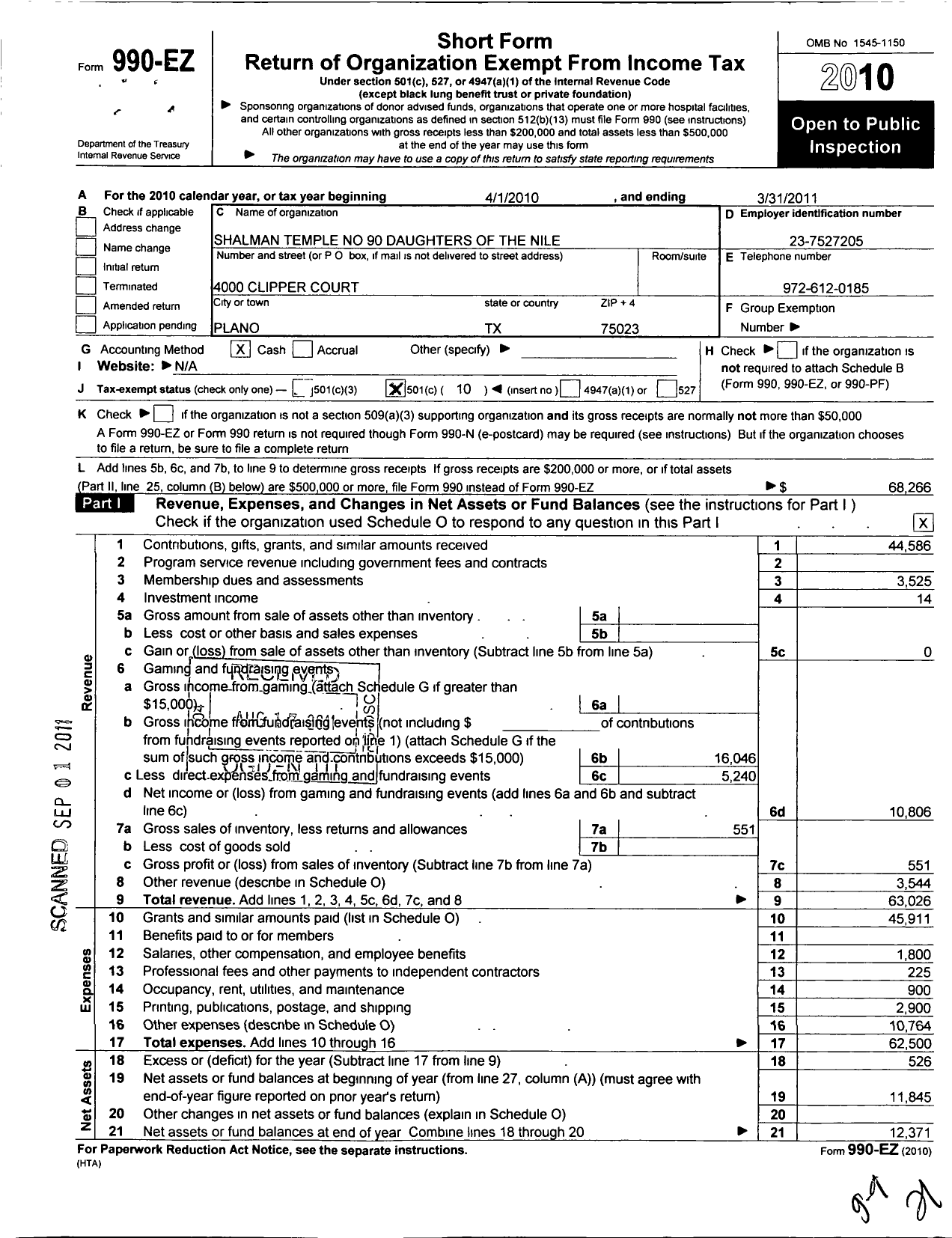 Image of first page of 2010 Form 990EO for Daughters of the Nile - 90 Shalman